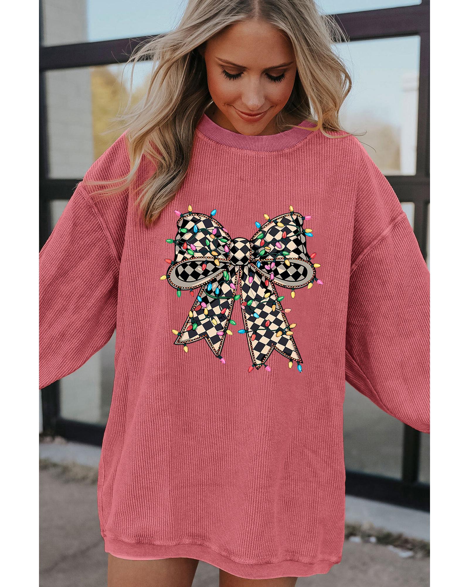 Strawberry Pink Checkered Bow Print Ribbed Crew Neck Pullover Sweatshirt - M 3