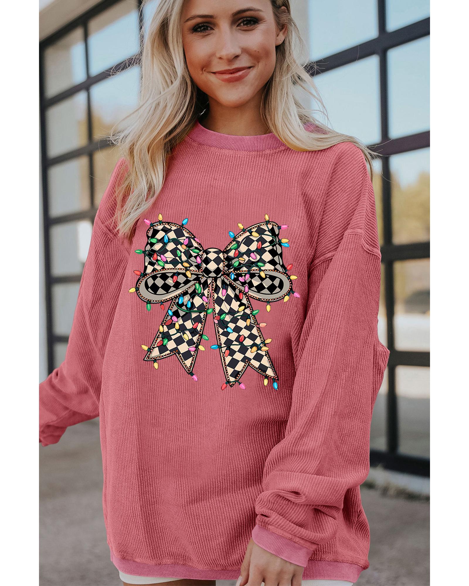 Strawberry Pink Checkered Bow Print Ribbed Crew Neck Pullover Sweatshirt - M 4