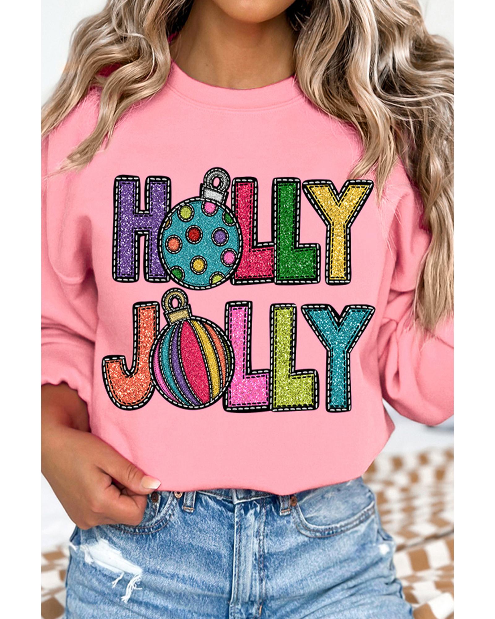 Pink HOLLY JOLLY Christmas Festive Letter Graphic Sweatshirt - 2XL 3