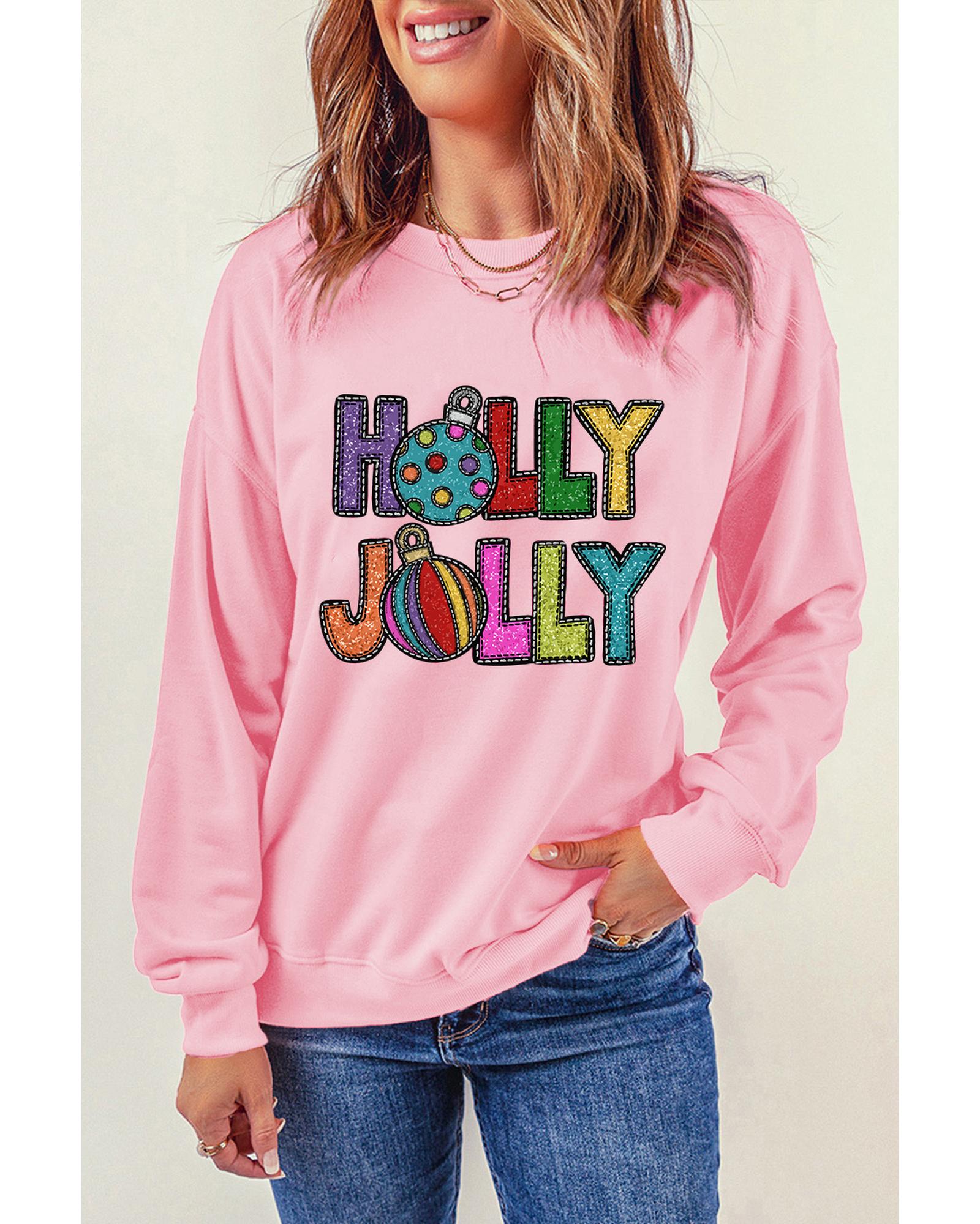 Pink HOLLY JOLLY Christmas Festive Letter Graphic Sweatshirt - 2XL 4
