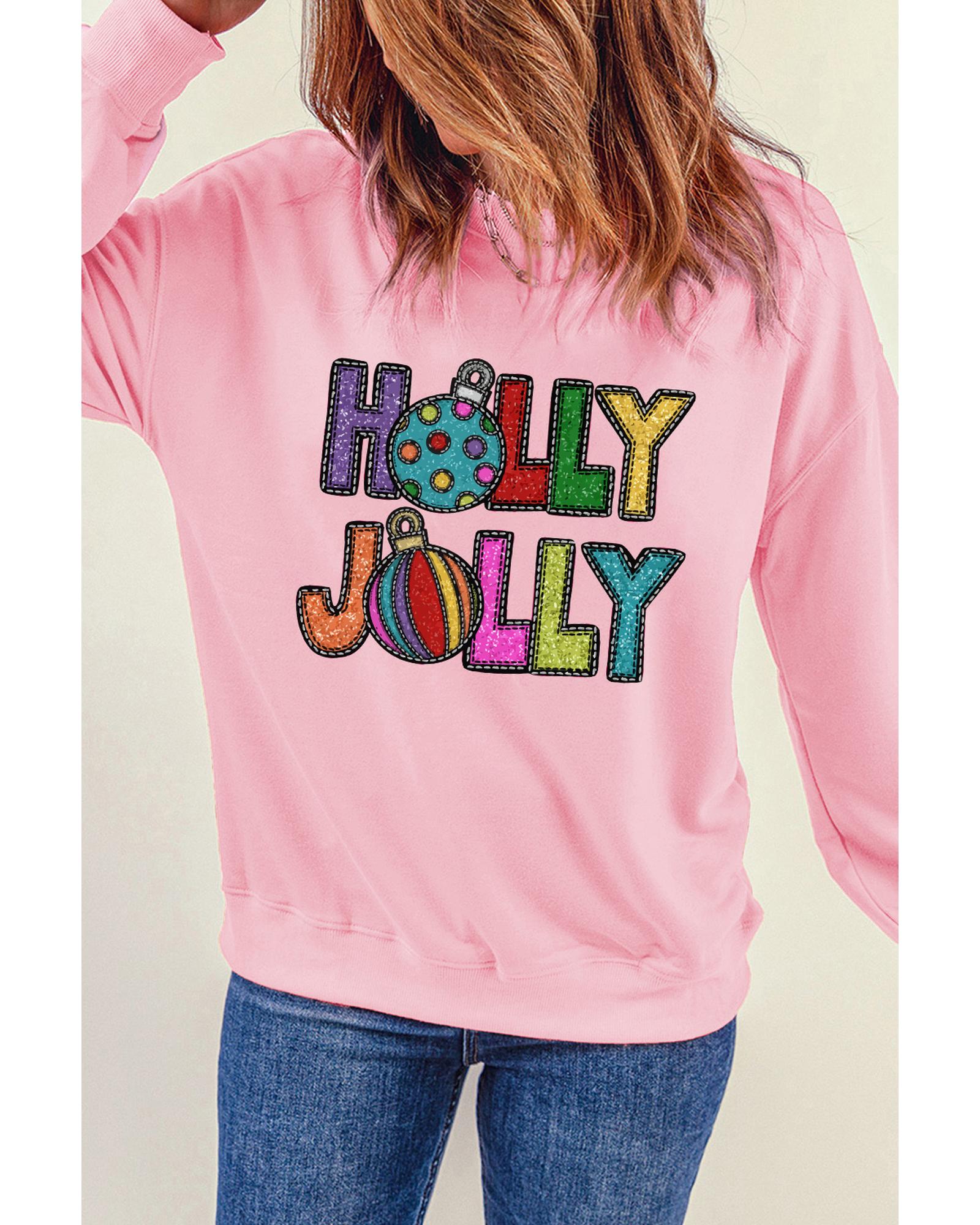 Pink HOLLY JOLLY Christmas Festive Letter Graphic Sweatshirt - M 3