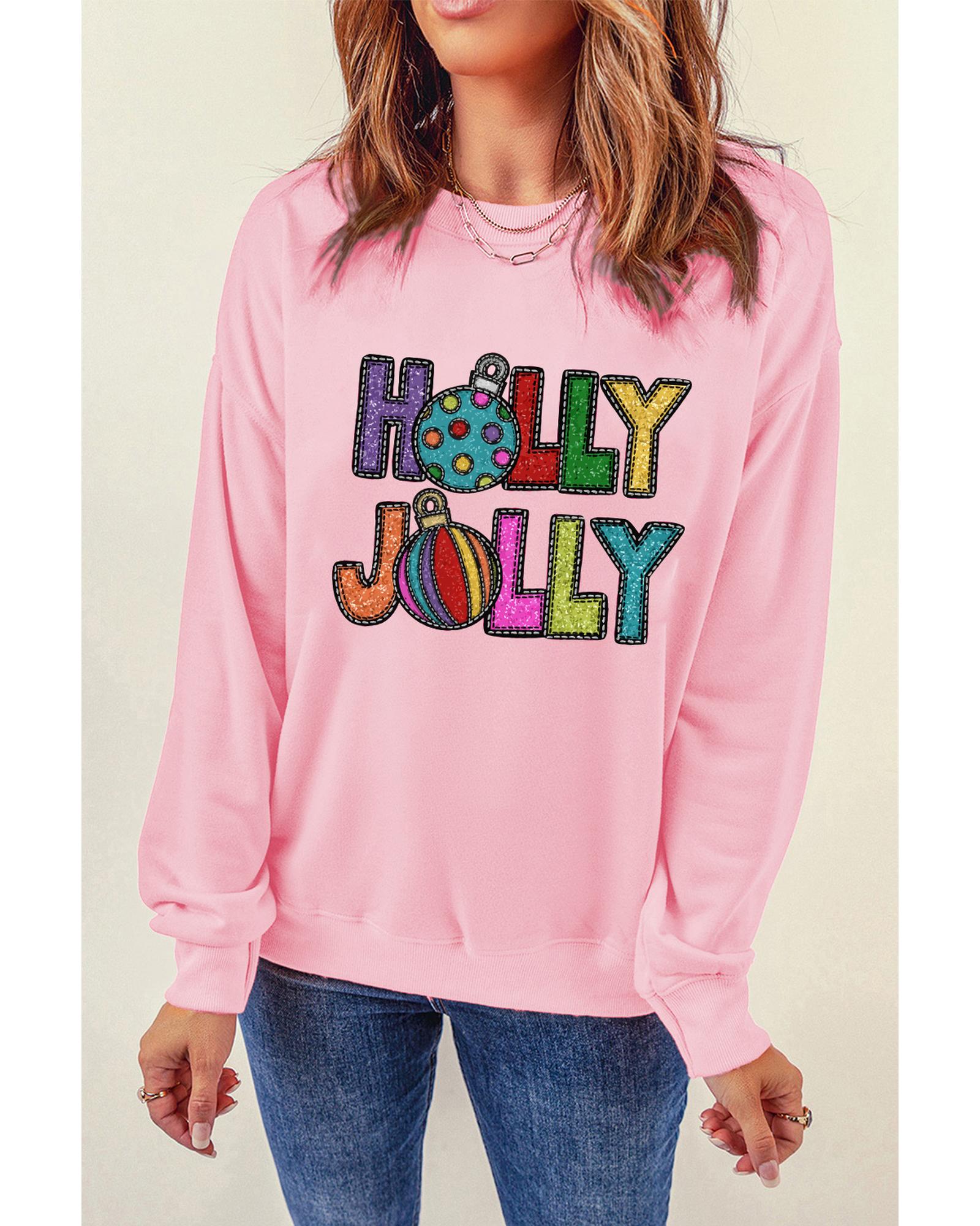 Pink HOLLY JOLLY Christmas Festive Letter Graphic Sweatshirt - M 6