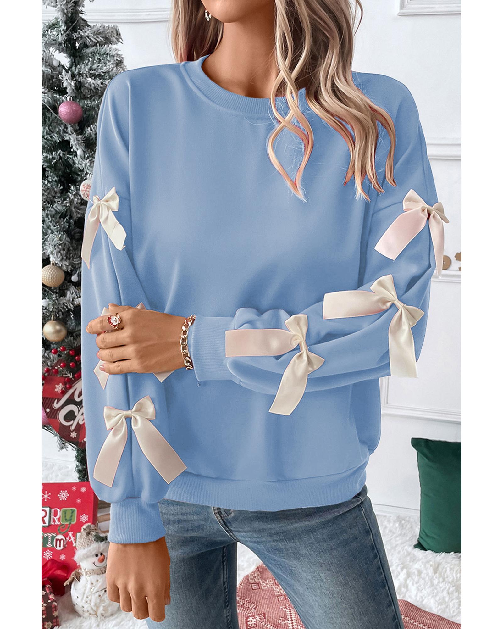 Myosotis Contrast Bow Decor Dropped Sleeve Crewneck Sweatshirt - L 3