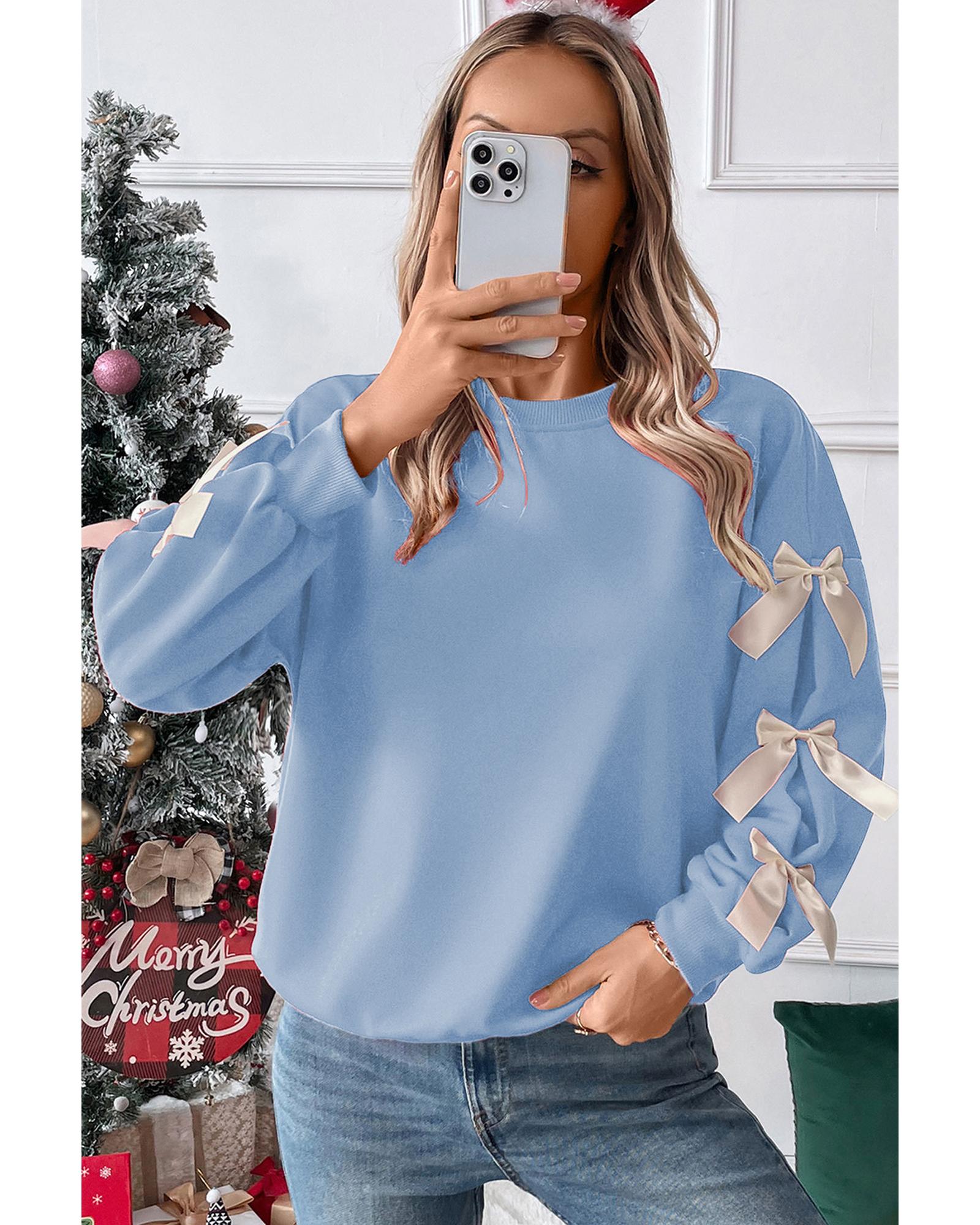 Myosotis Contrast Bow Decor Dropped Sleeve Crewneck Sweatshirt - L 4