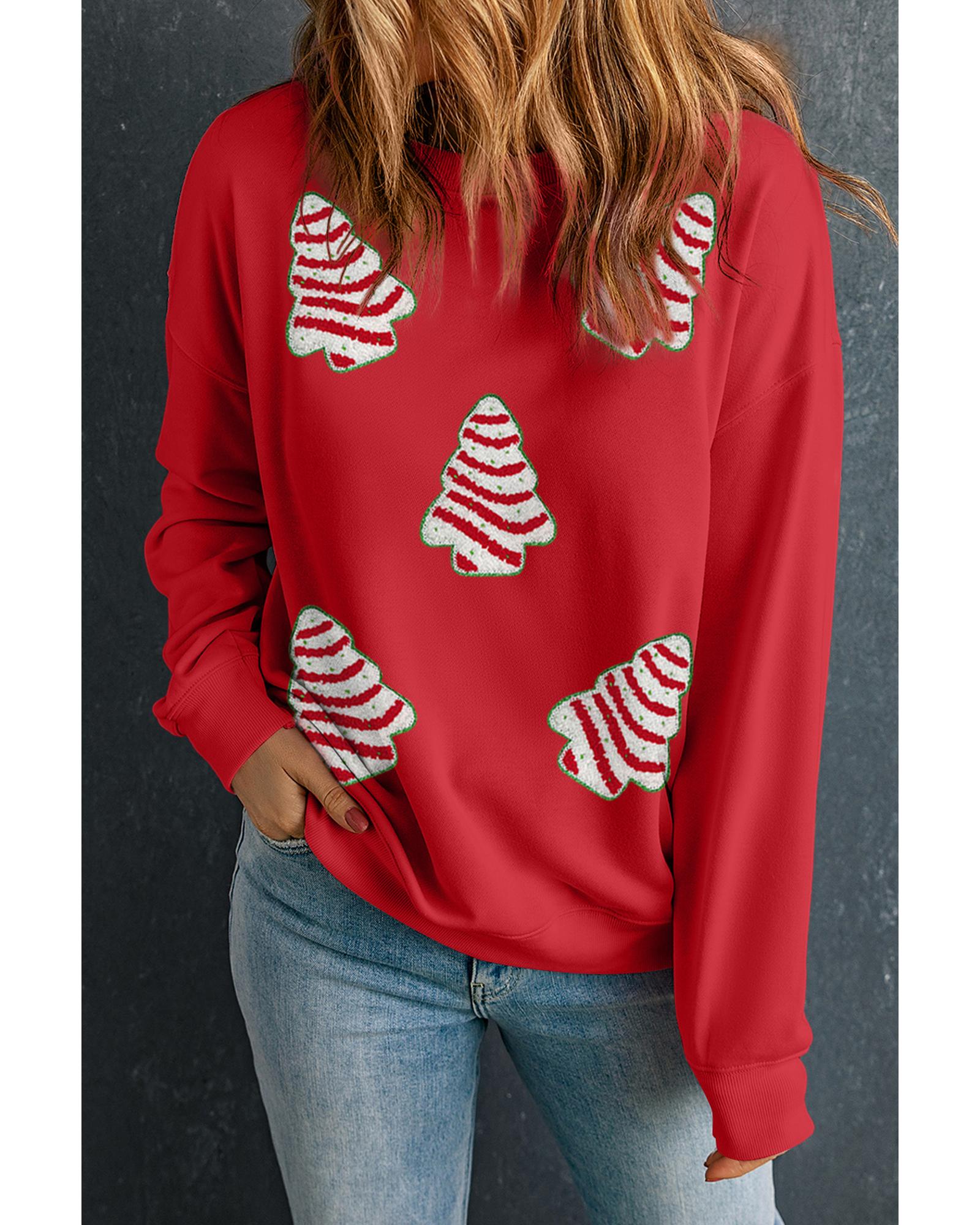 Red Playful Christmas Tree Patched Dropped Shoulder Sweatshirt - 2XL 5
