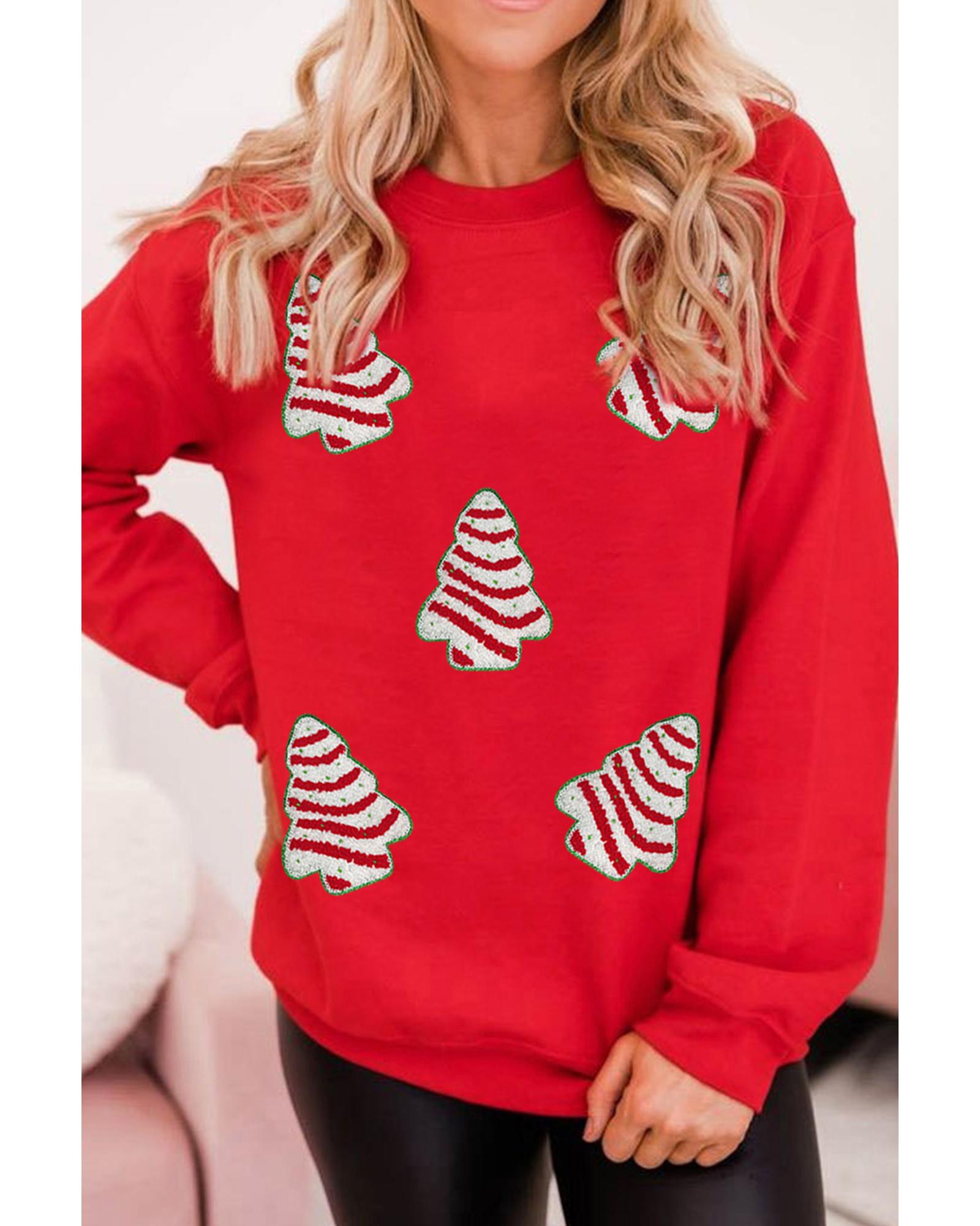 Red Playful Christmas Tree Patched Dropped Shoulder Sweatshirt - L