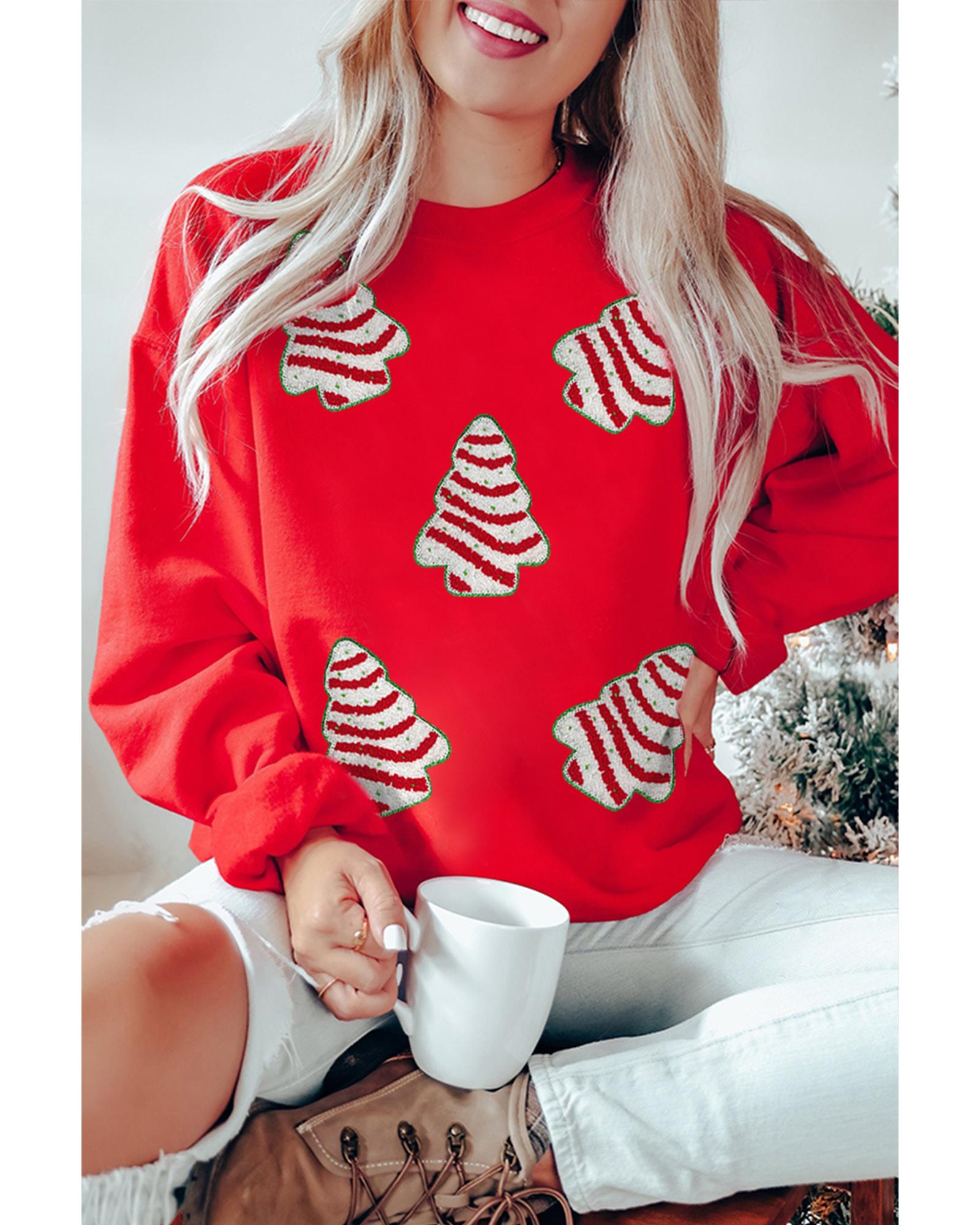 Red Playful Christmas Tree Patched Dropped Shoulder Sweatshirt - M