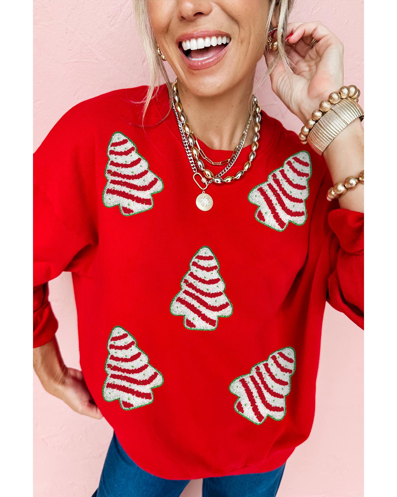 Red Playful Christmas Tree Patched Dropped Shoulder Sweatshirt - S 8
