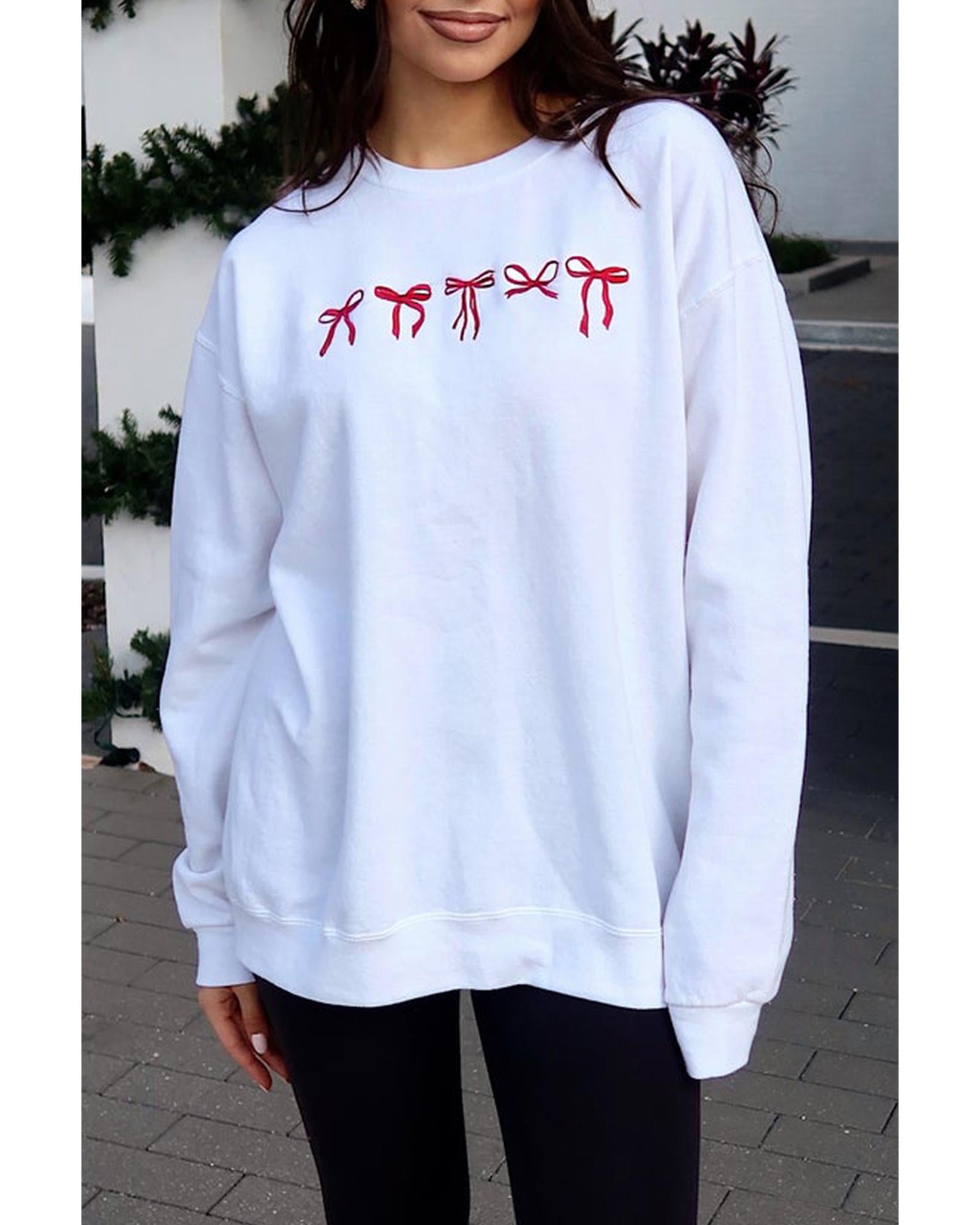White Diverse Bow Embroidery Drop Shoulder Sweatshirt - L