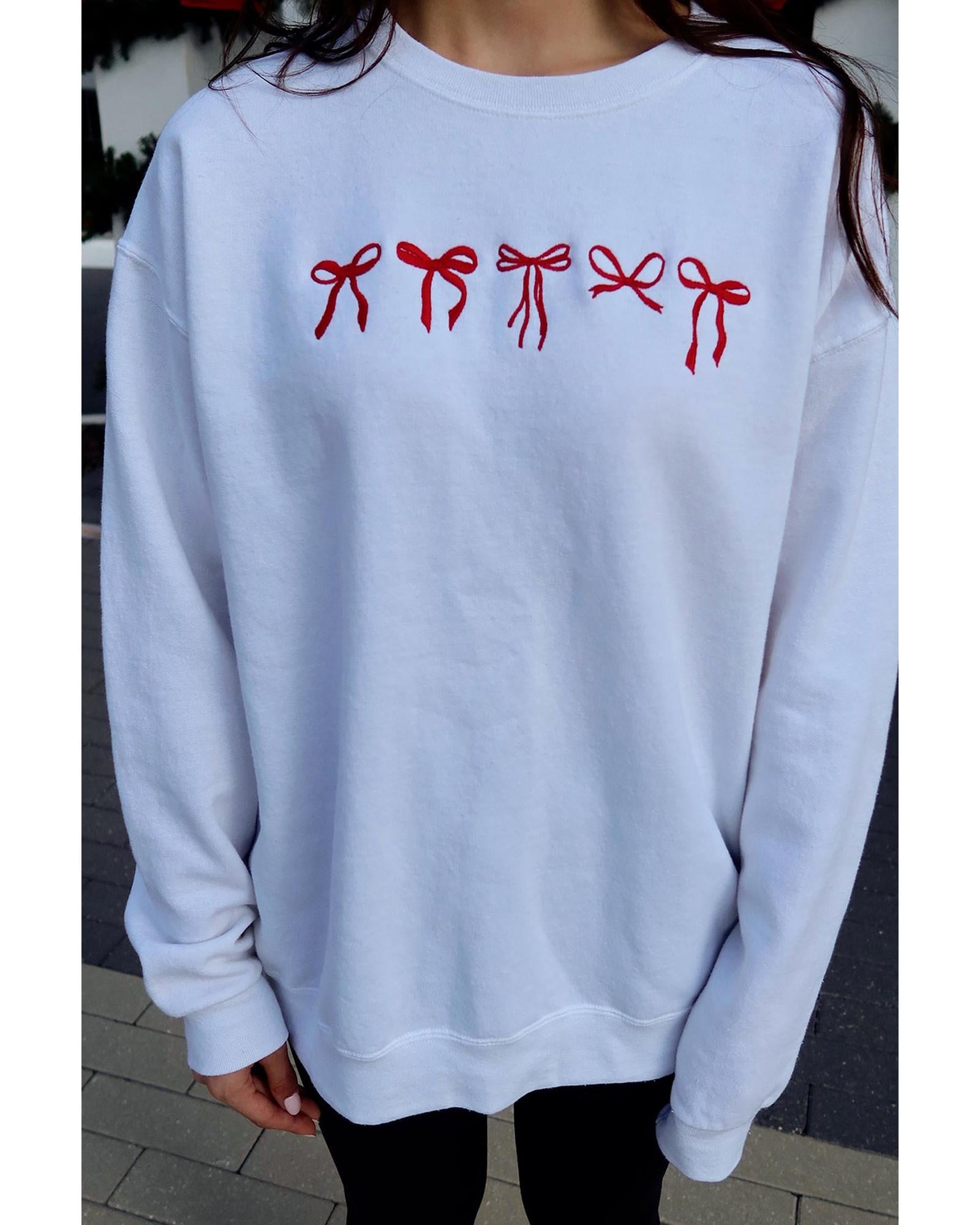 White Diverse Bow Embroidery Drop Shoulder Sweatshirt - S 3