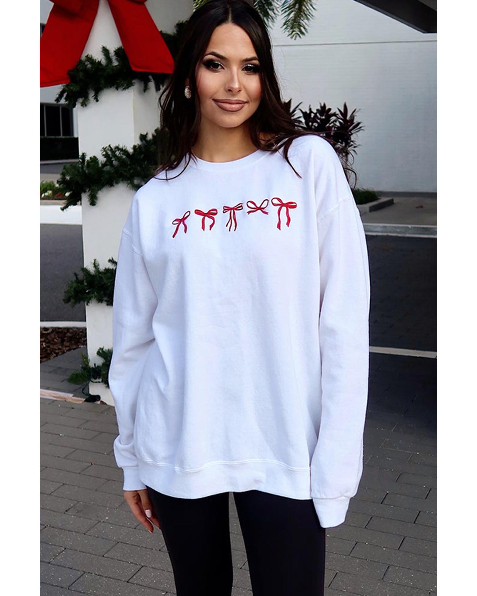 White Diverse Bow Embroidery Drop Shoulder Sweatshirt - S 4