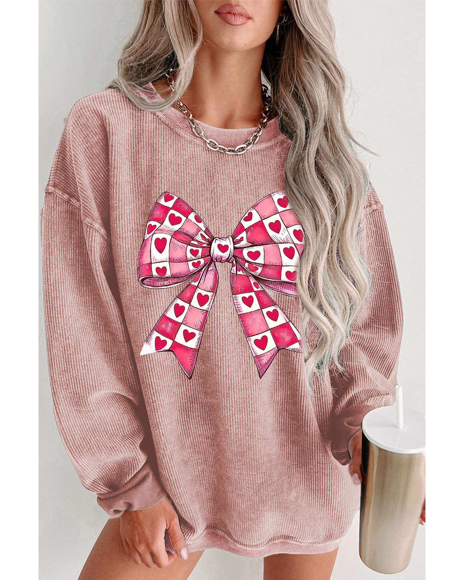 Pink Valentines Heart Checkered Bow Pattern Corded Baggy Sweatshirt - L 3