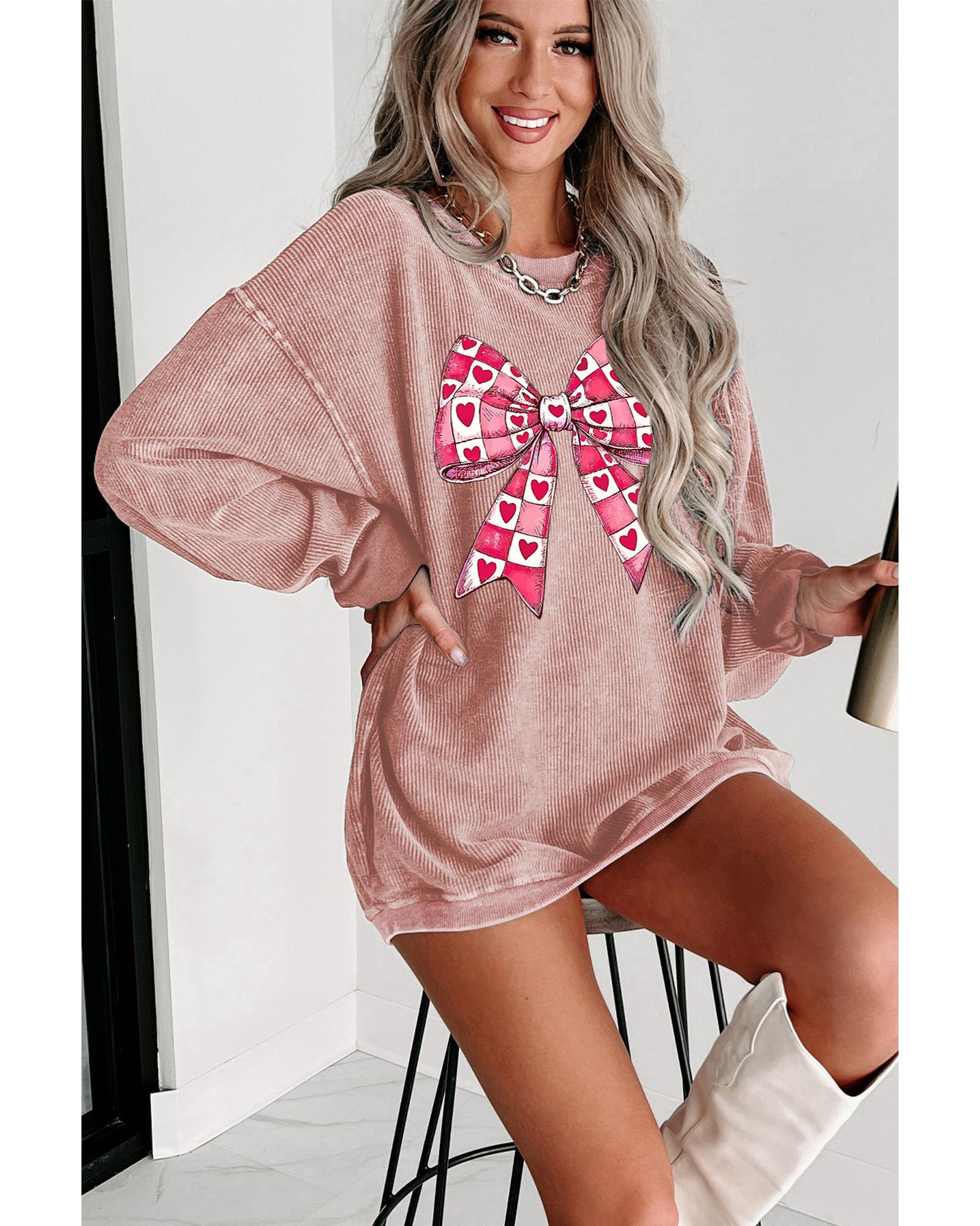 Pink Valentines Heart Checkered Bow Pattern Corded Baggy Sweatshirt - L 5