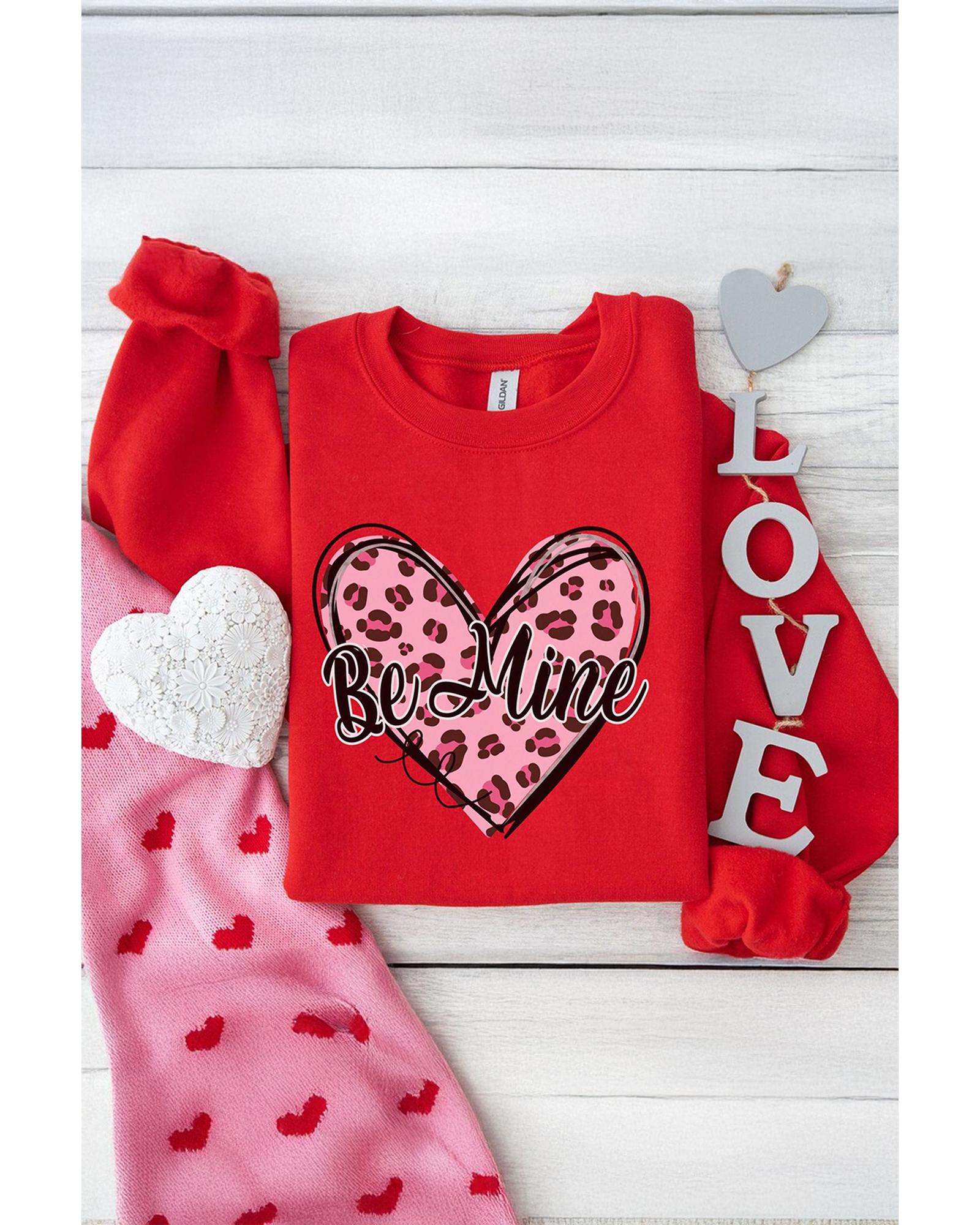 Red Be mine Leopard Heart Printed Valentines Sweatshirt - M