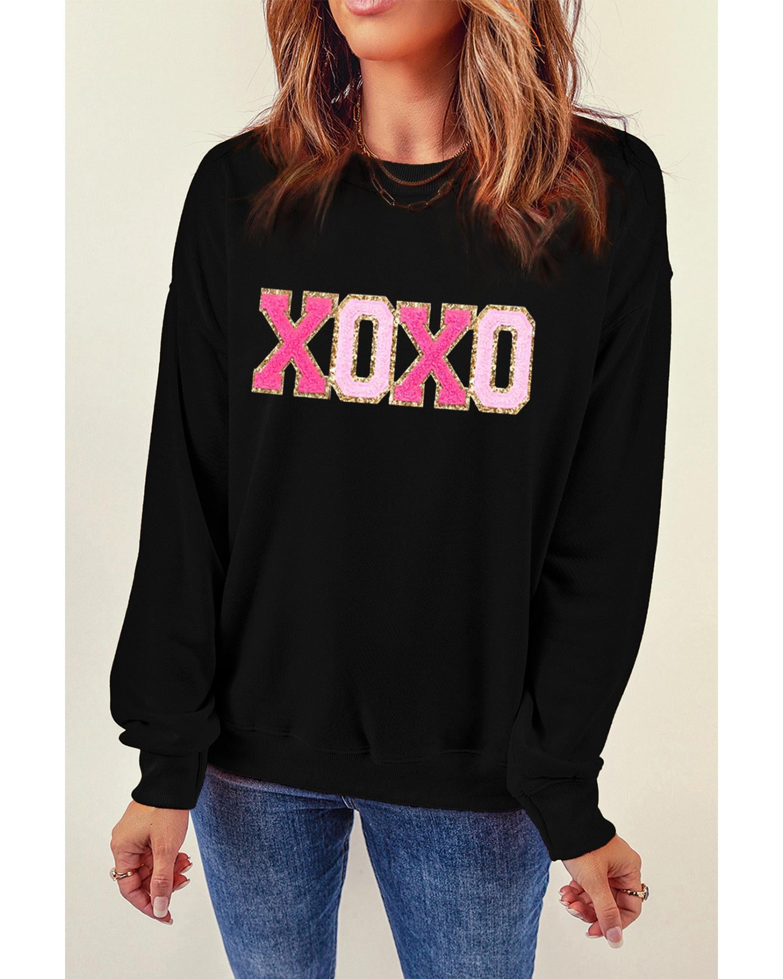 Black Chenille XOXO Patched Drop Shoulder Valentines Pullover Sweatshirt - L 4