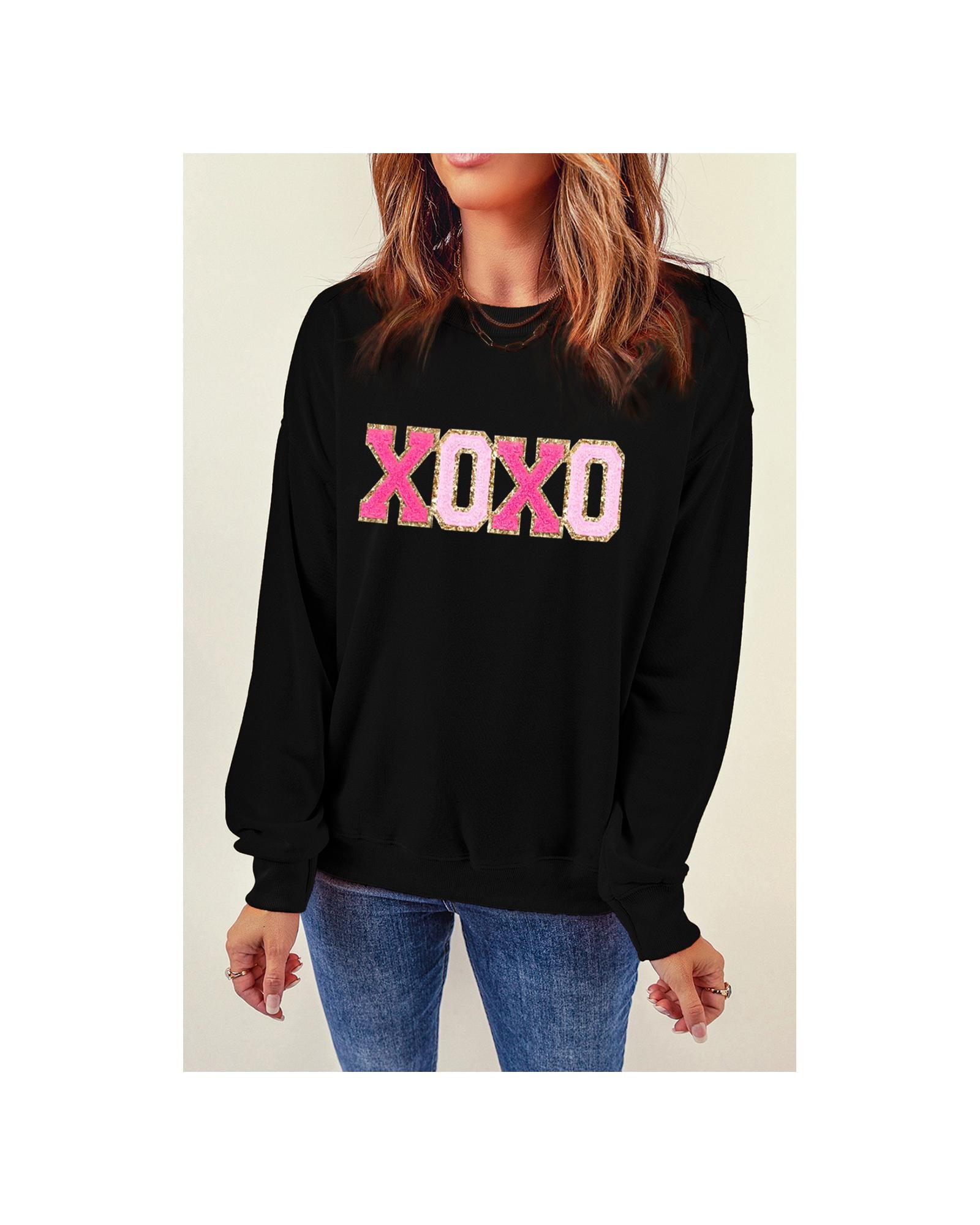 Black Chenille XOXO Patched Drop Shoulder Valentines Pullover Sweatshirt - M 4