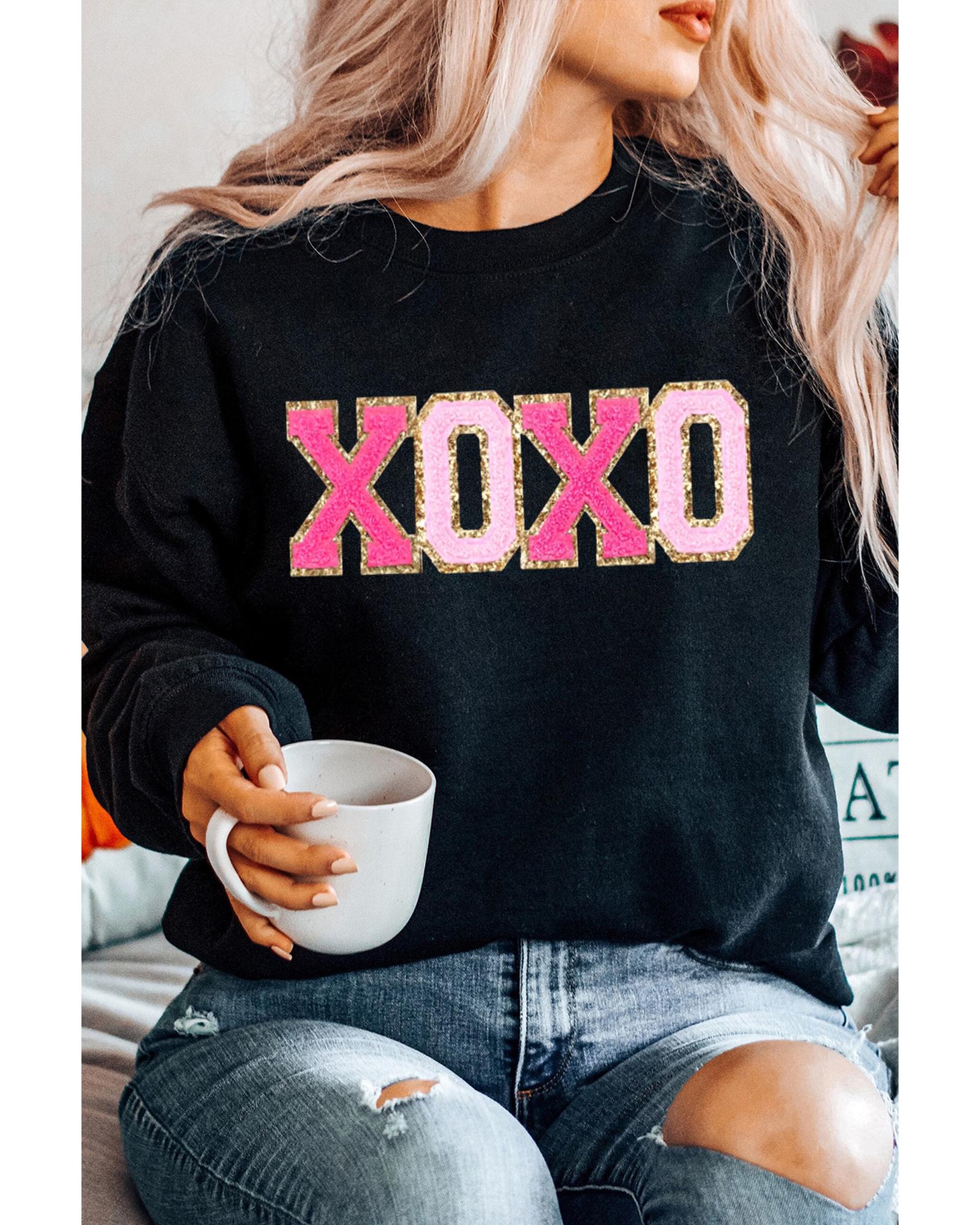 Black Chenille XOXO Patched Drop Shoulder Valentines Pullover Sweatshirt - XL