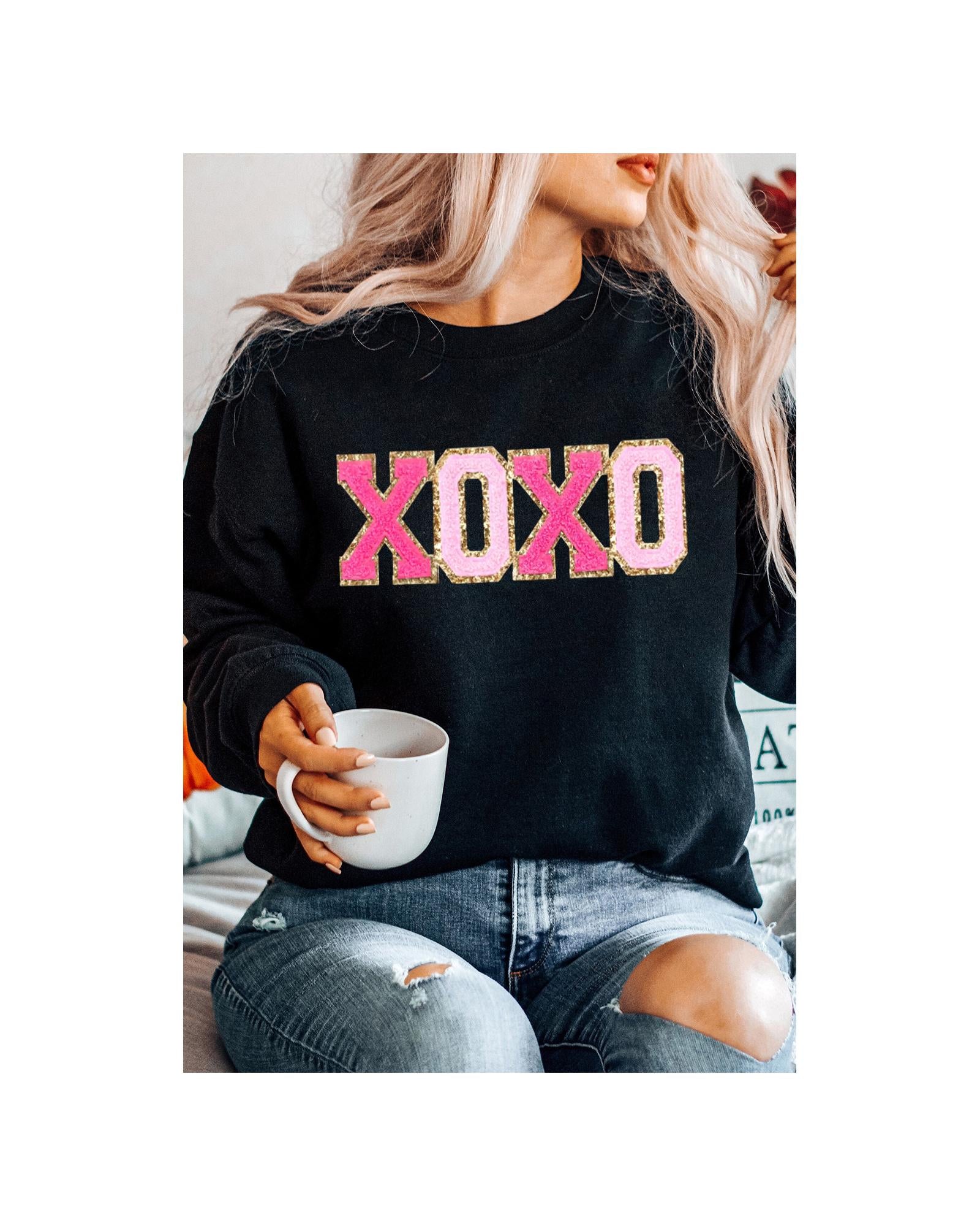Black Chenille XOXO Patched Drop Shoulder Valentines Pullover Sweatshirt - XL 5