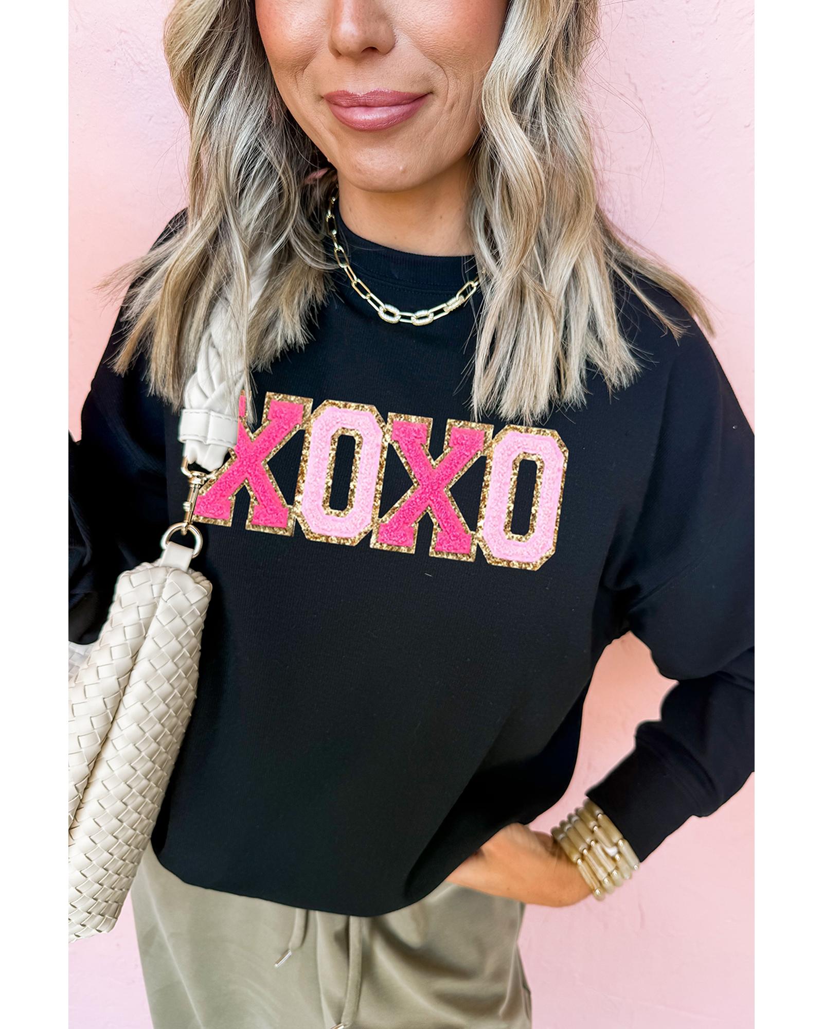 Black Chenille XOXO Patched Drop Shoulder Valentines Pullover Sweatshirt - XL 6