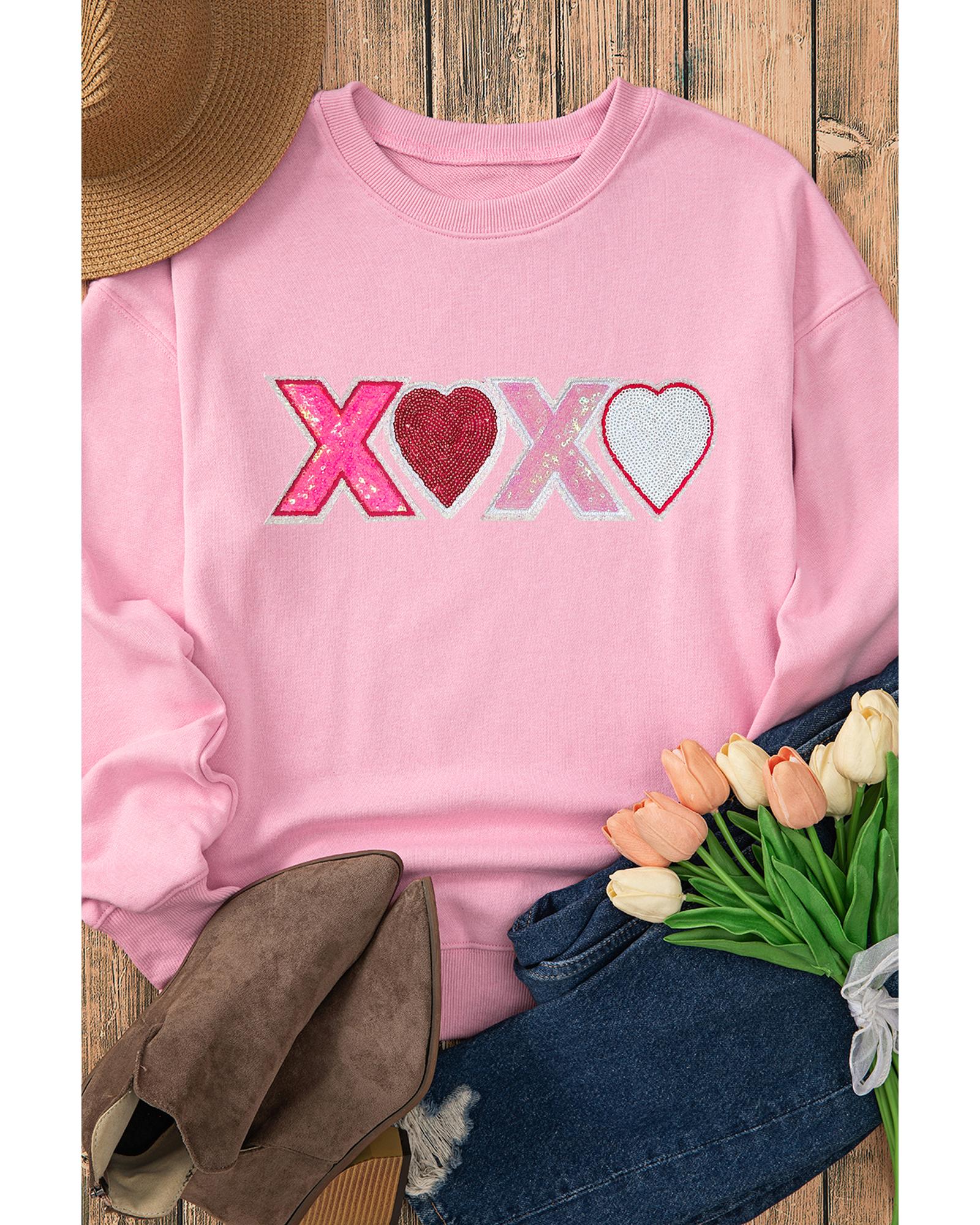 Pink Sequin Heart XOXO Graphic Drop Shoulder Valentines Sweatshirt - M