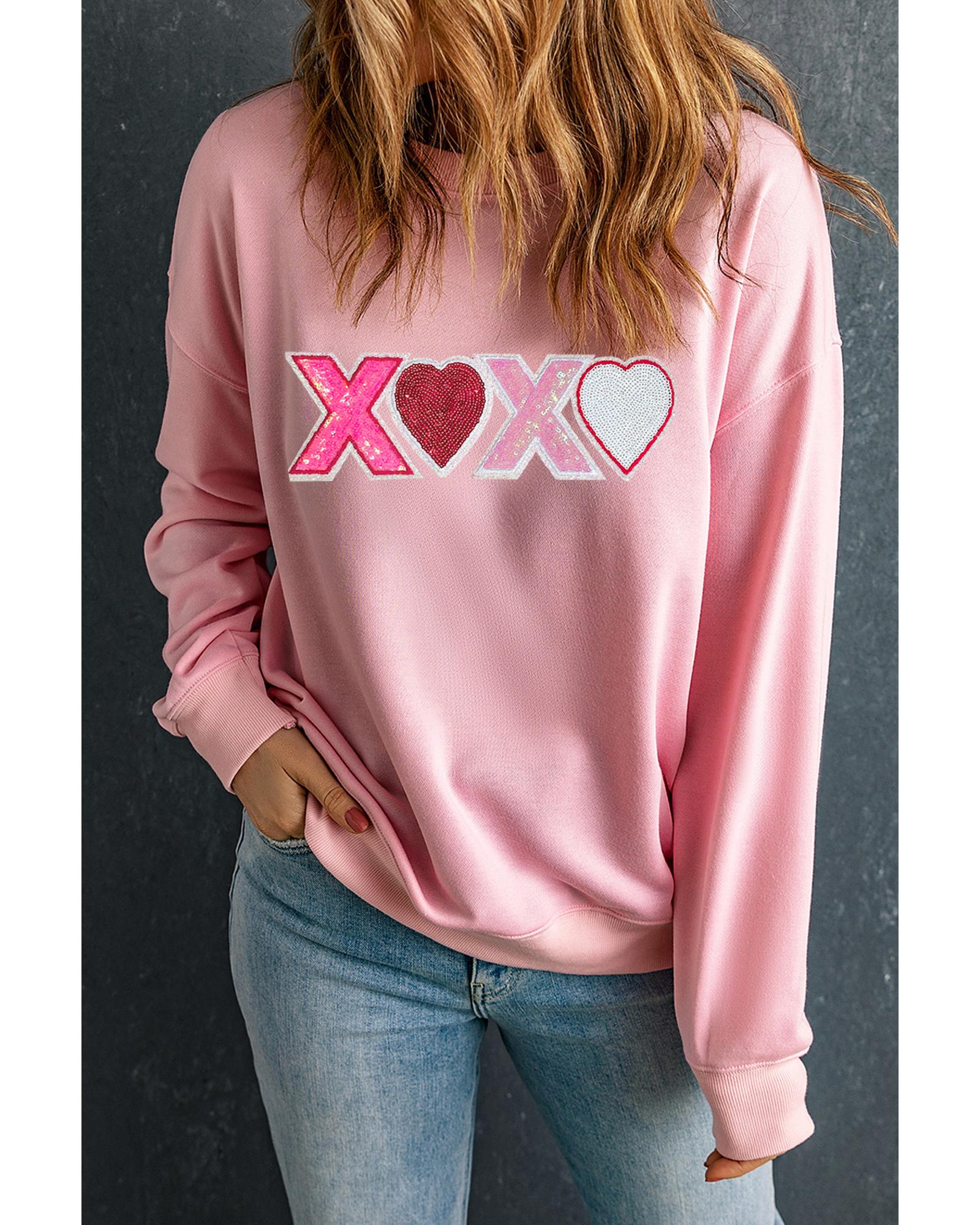 Pink Sequin Heart XOXO Graphic Drop Shoulder Valentines Sweatshirt - XL 3