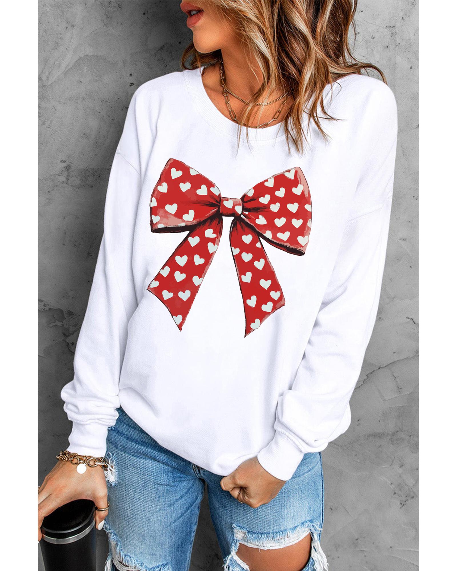 White Heart Bow Printed Round Neck Valentines Pullover Sweatshirt - L 5