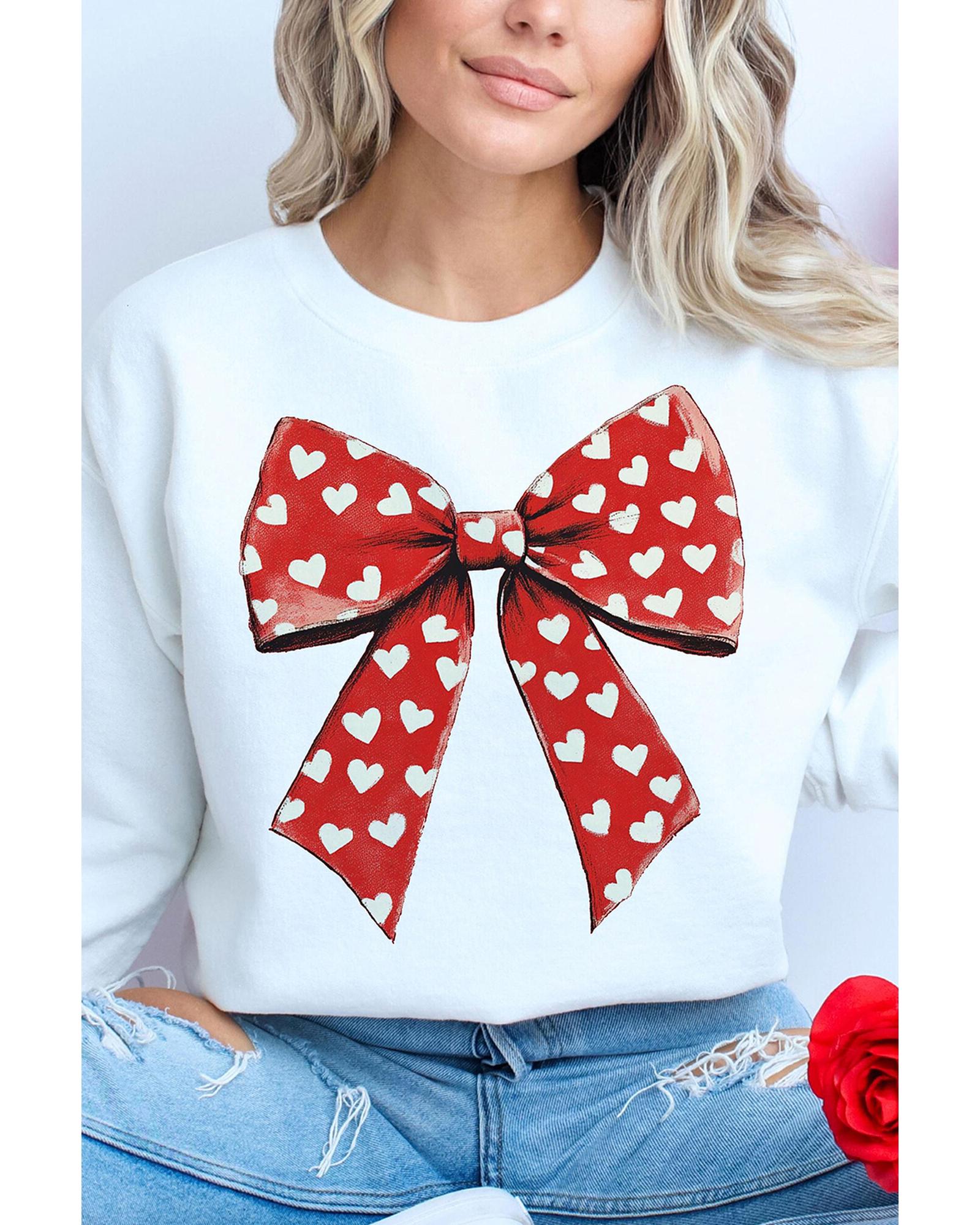 White Heart Bow Printed Round Neck Valentines Pullover Sweatshirt - L 6