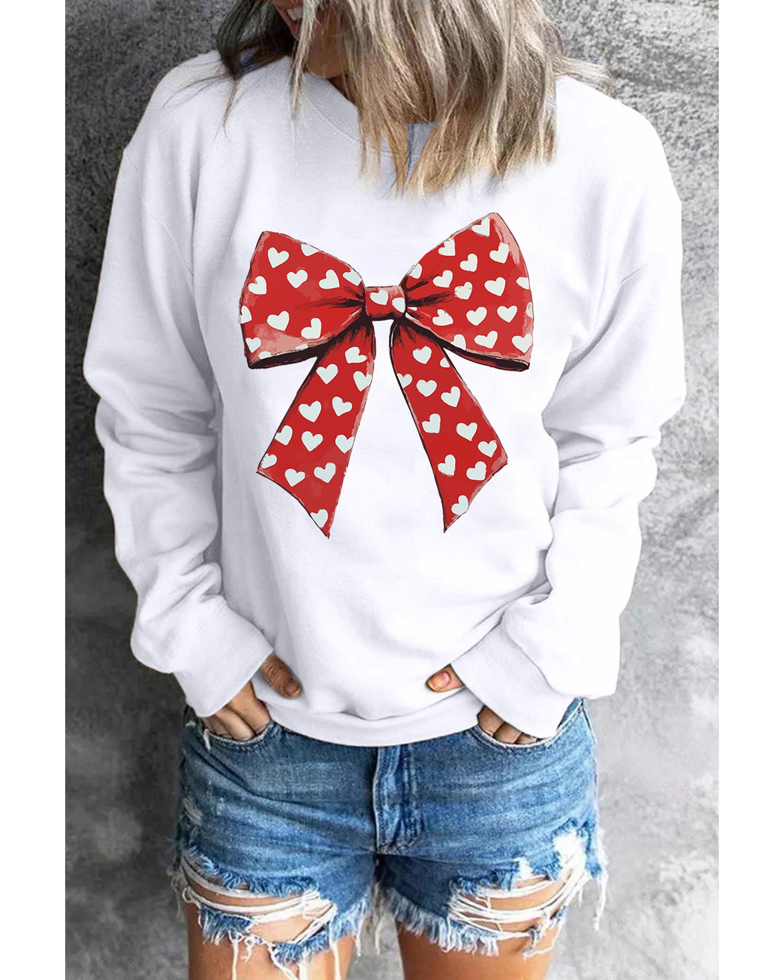 White Heart Bow Printed Round Neck Valentines Pullover Sweatshirt - L 8