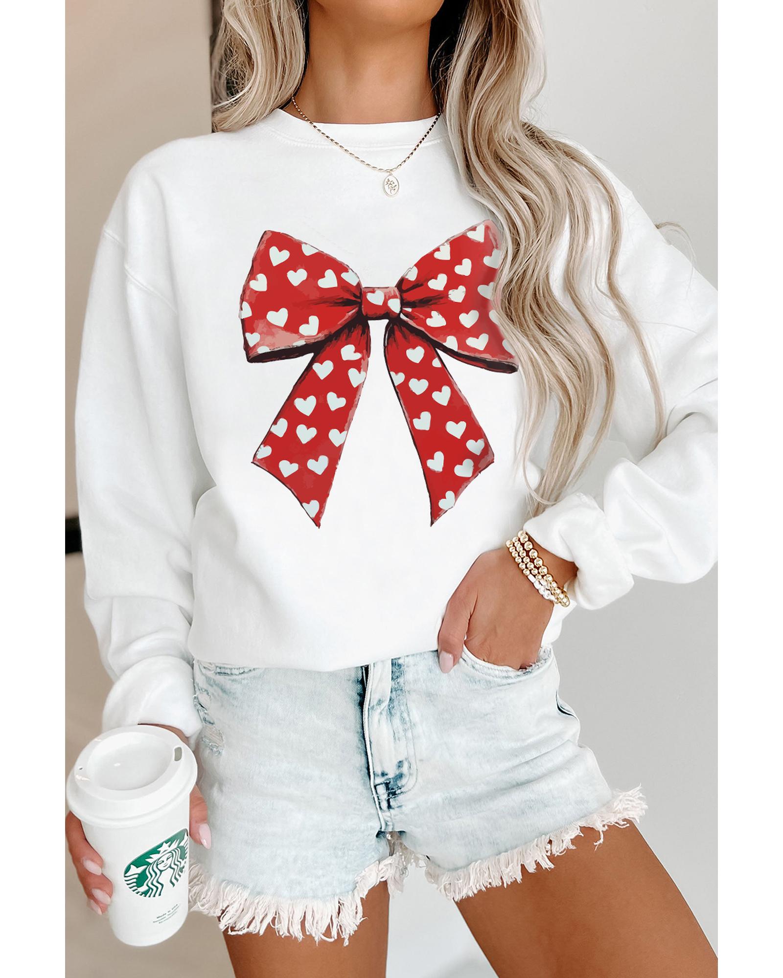 White Heart Bow Printed Round Neck Valentines Pullover Sweatshirt - M