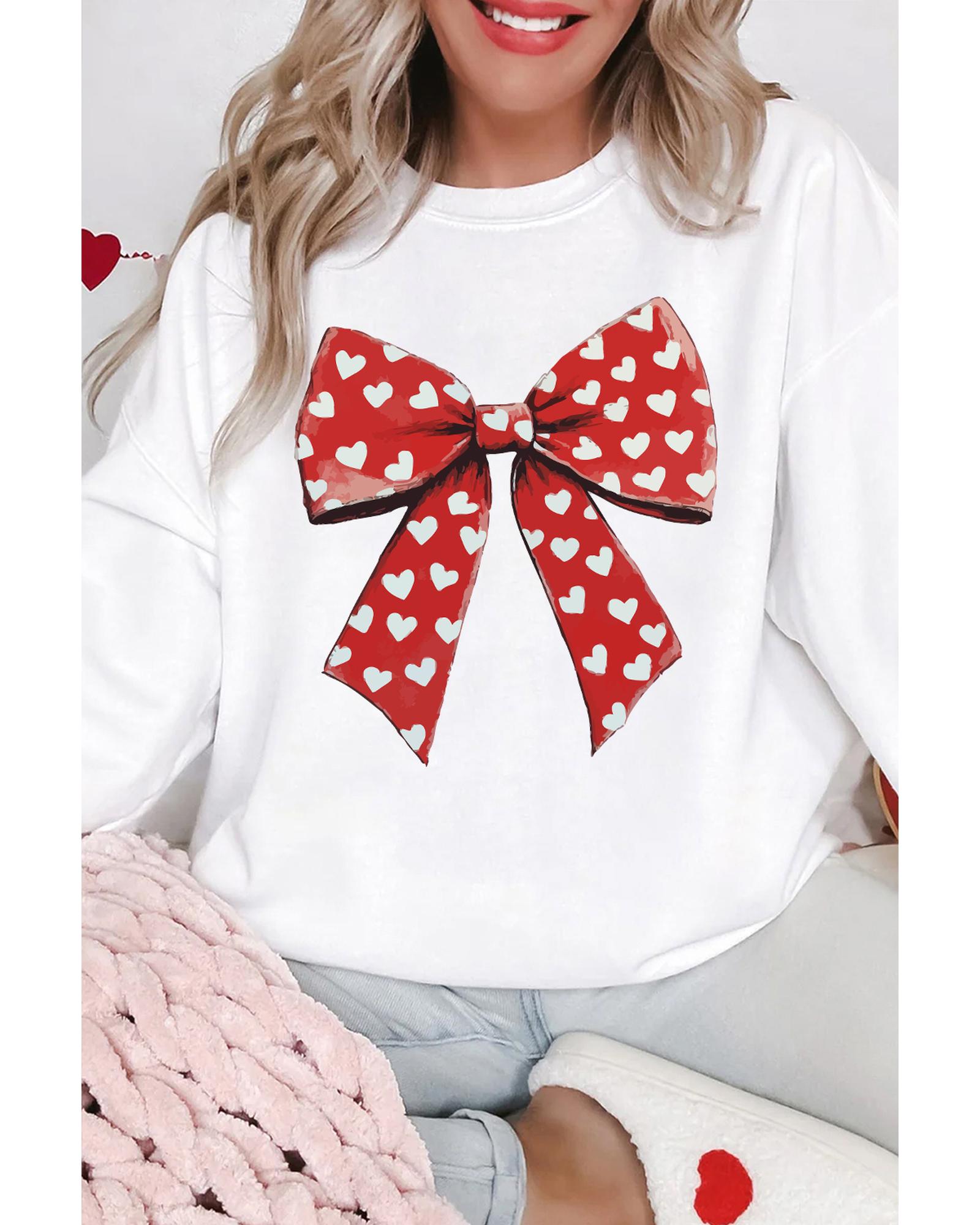 White Heart Bow Printed Round Neck Valentines Pullover Sweatshirt - S 3