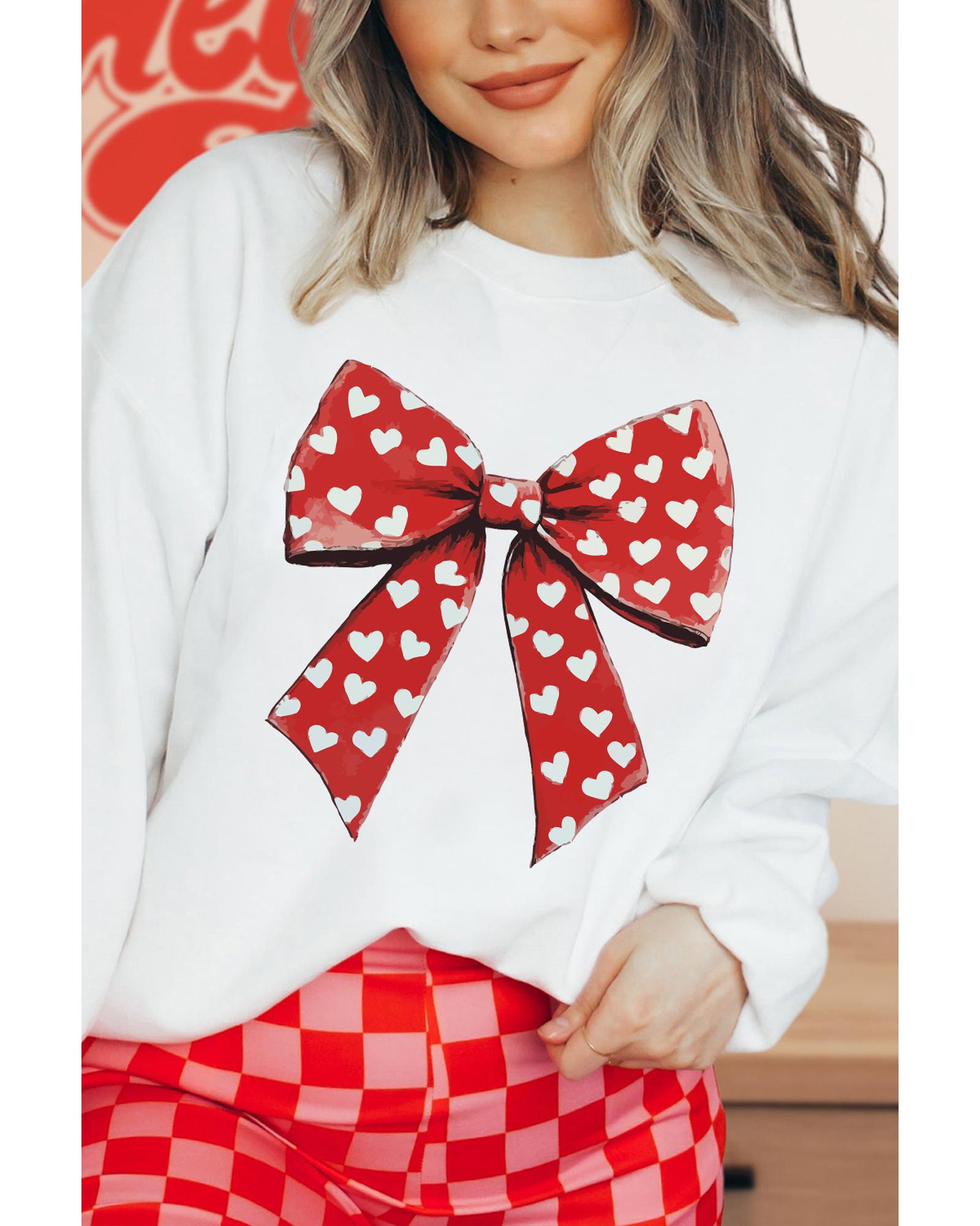 White Heart Bow Printed Round Neck Valentines Pullover Sweatshirt - XL 4