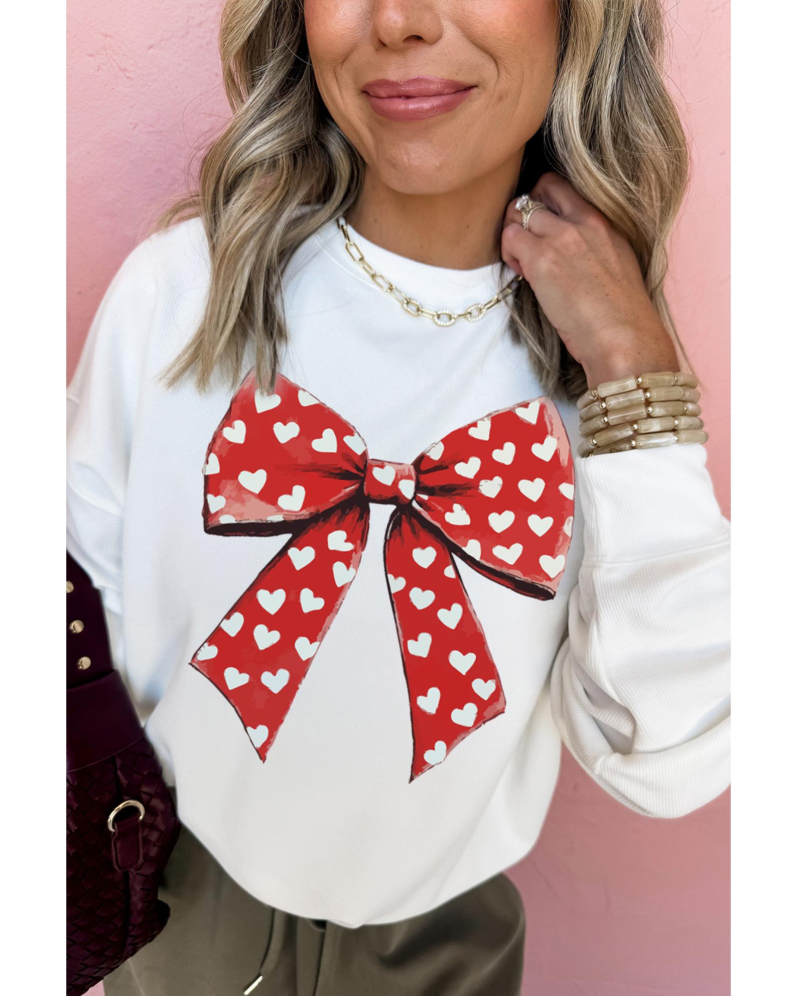 White Heart Bow Printed Round Neck Valentines Pullover Sweatshirt - XL 7