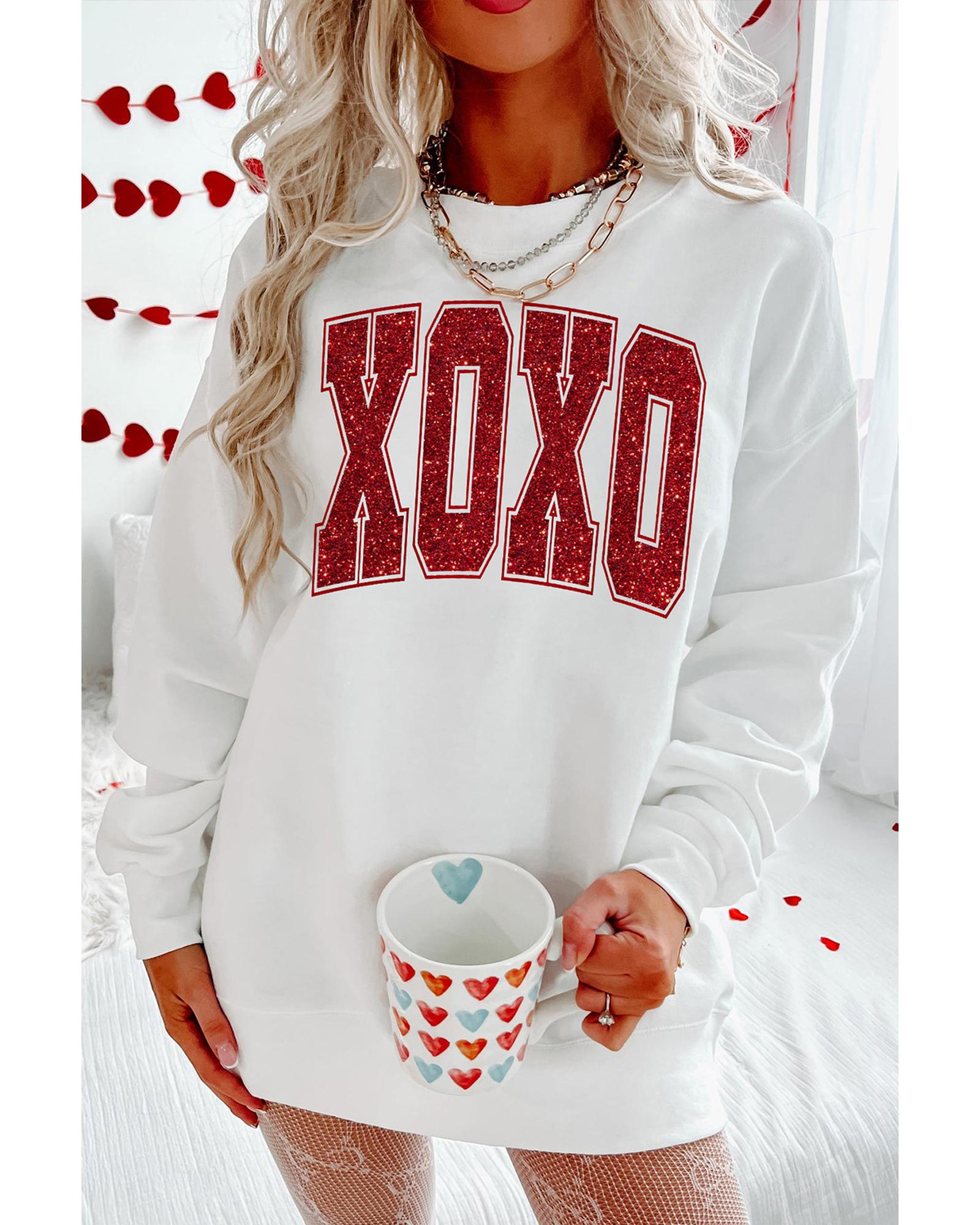 White Glitter XOXO Graphic Crewneck Valentines Pullover Sweatshirt - M 3