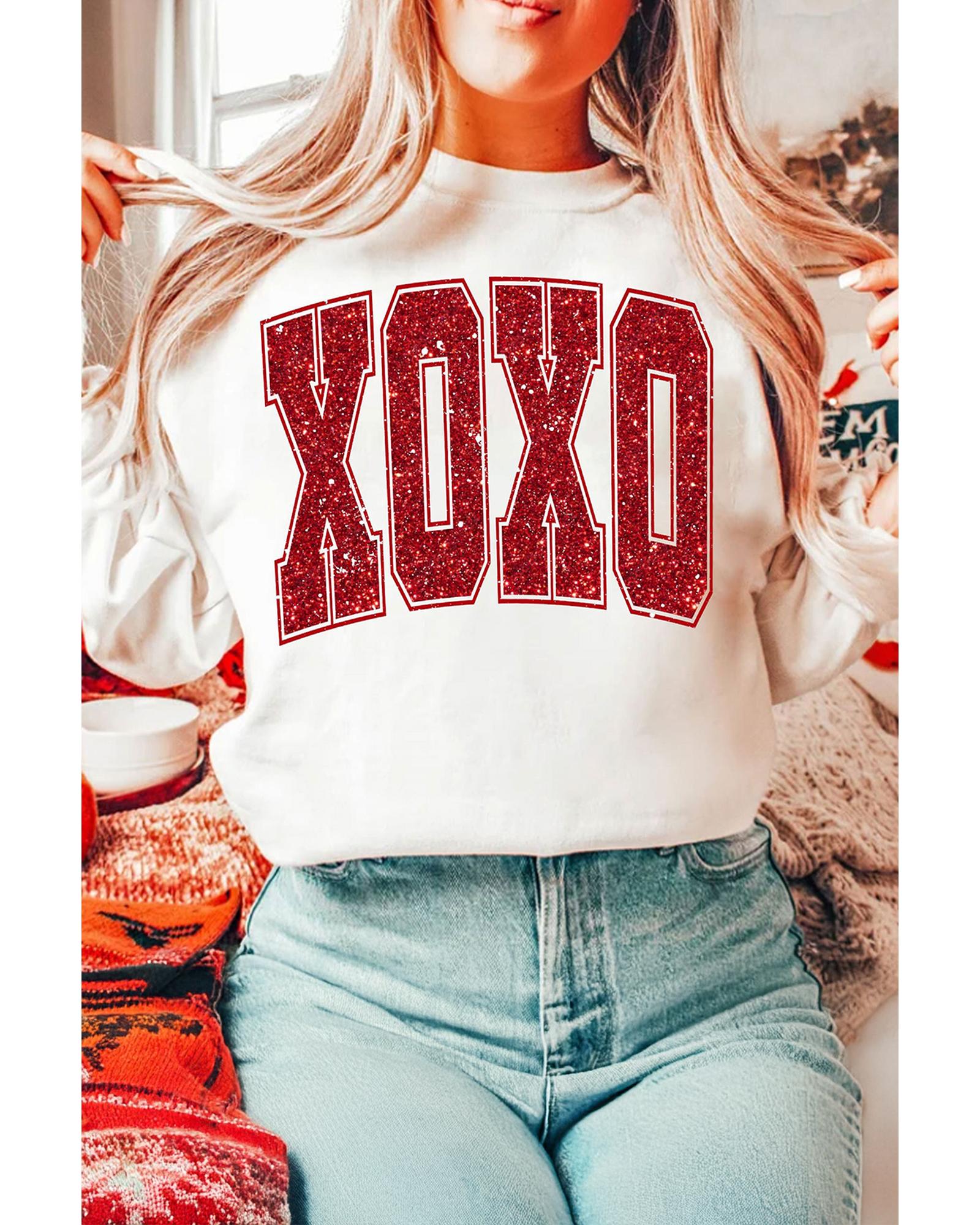 White Glitter XOXO Graphic Crewneck Valentines Pullover Sweatshirt - M 6