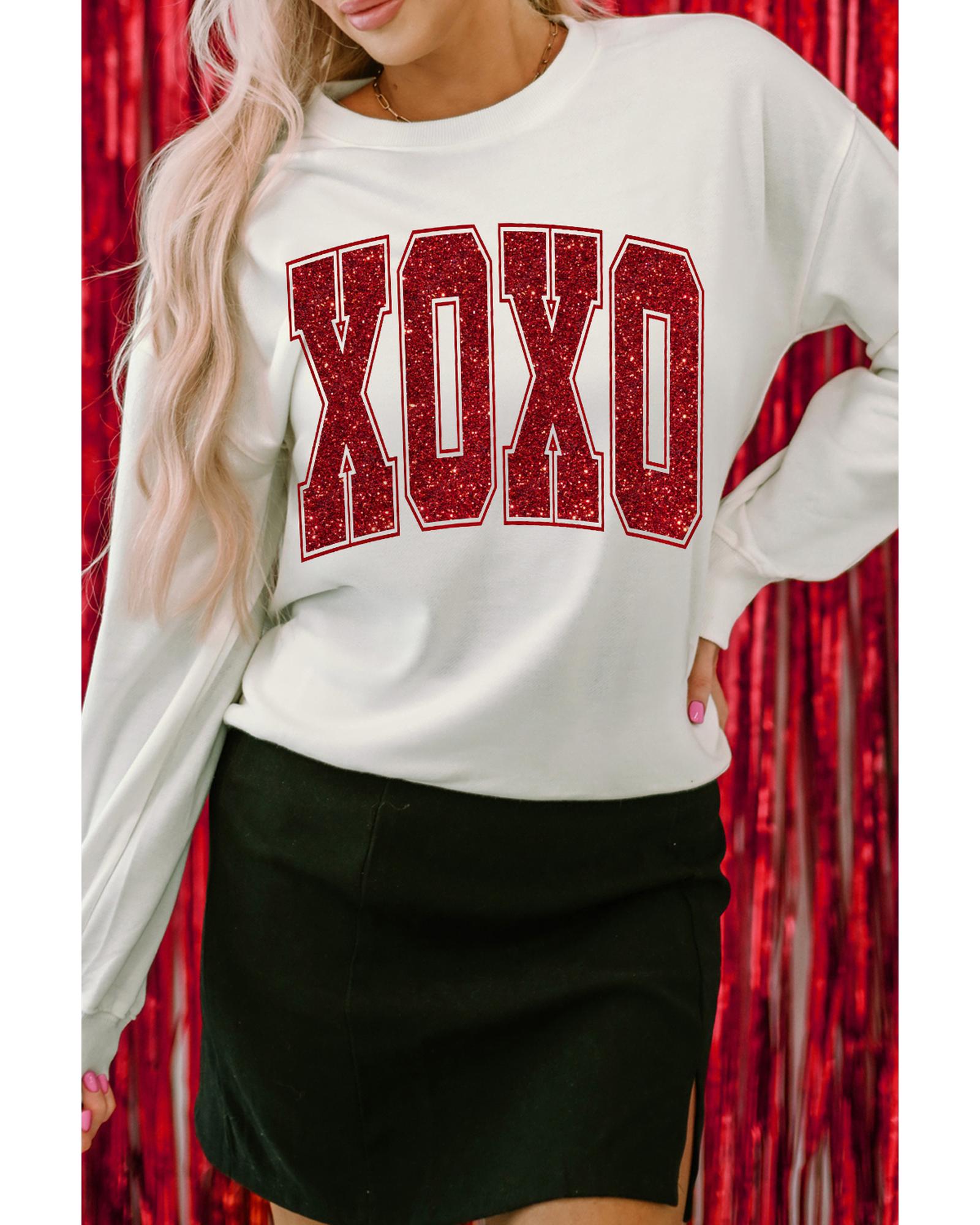 White Glitter XOXO Graphic Crewneck Valentines Pullover Sweatshirt - M 8