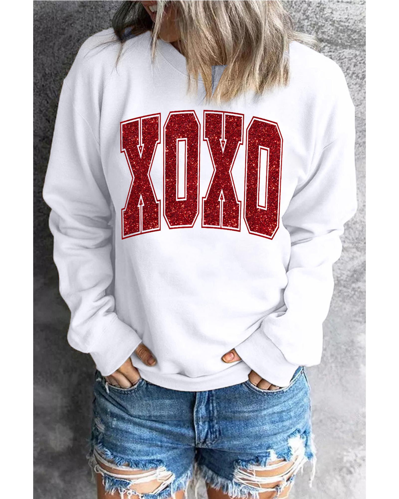 White Glitter XOXO Graphic Crewneck Valentines Pullover Sweatshirt - XL