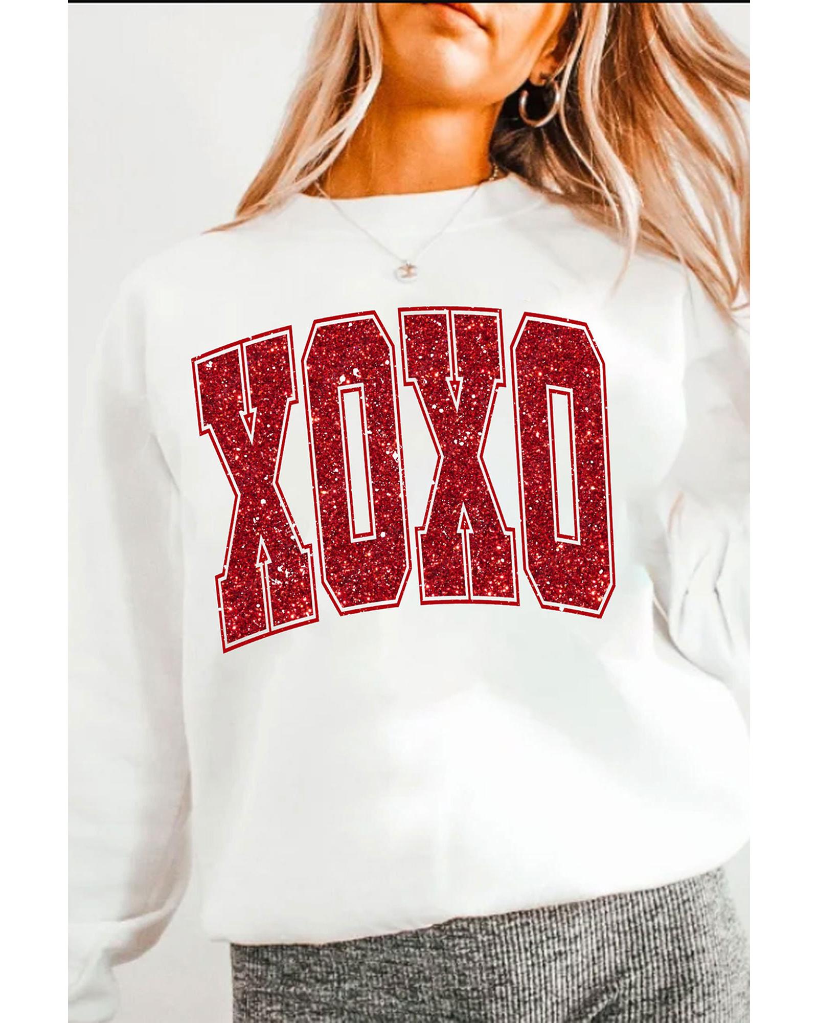 White Glitter XOXO Graphic Crewneck Valentines Pullover Sweatshirt - XL