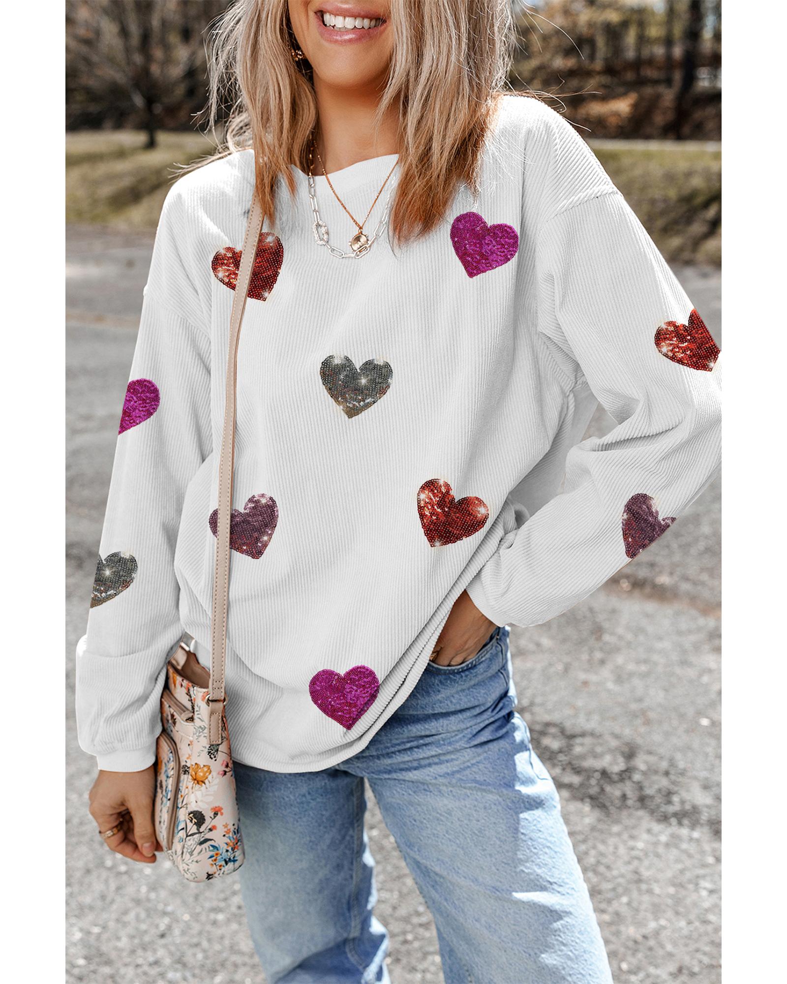 White Valentines Heart Patched Pattern Corded Pullover Sweatshirt - M 3
