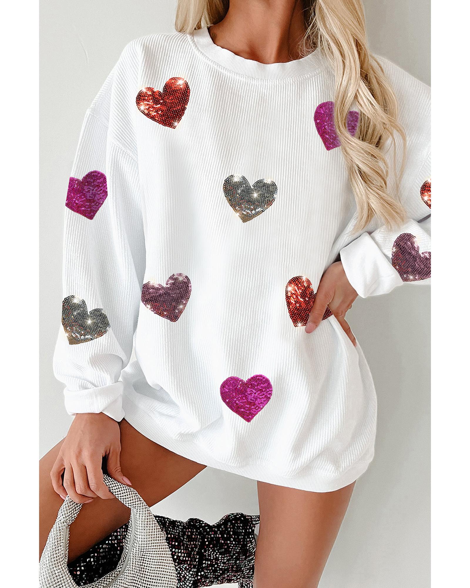 White Valentines Heart Patched Pattern Corded Pullover Sweatshirt - M 4