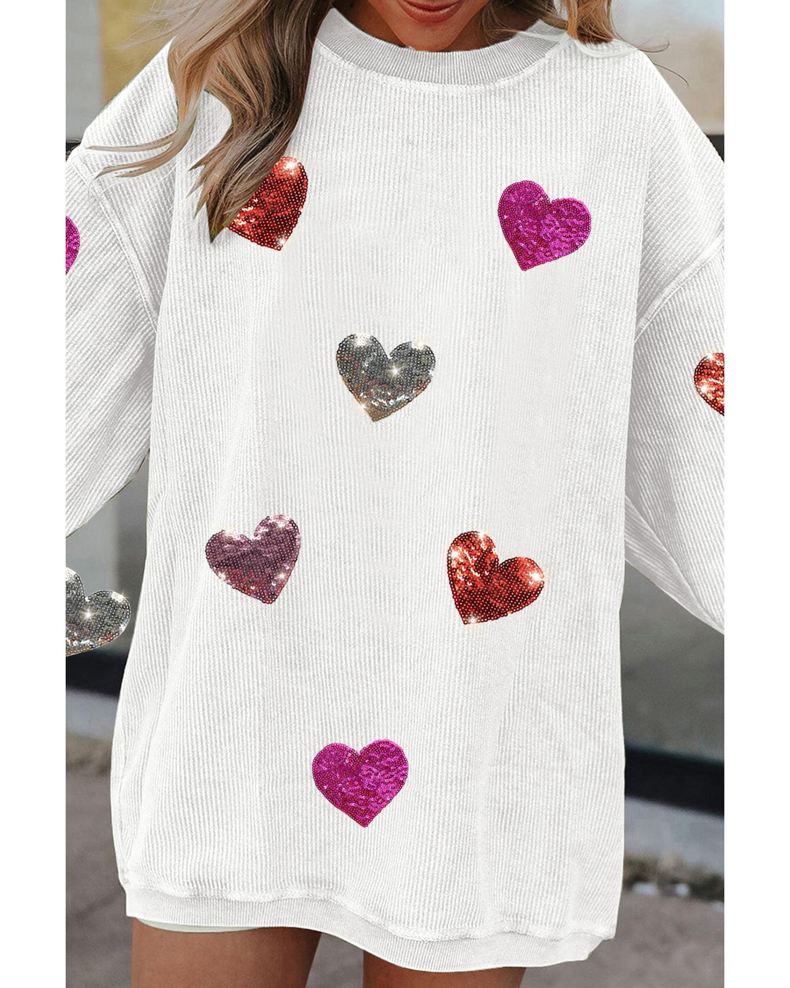 White Valentines Heart Patched Pattern Corded Pullover Sweatshirt - M 5