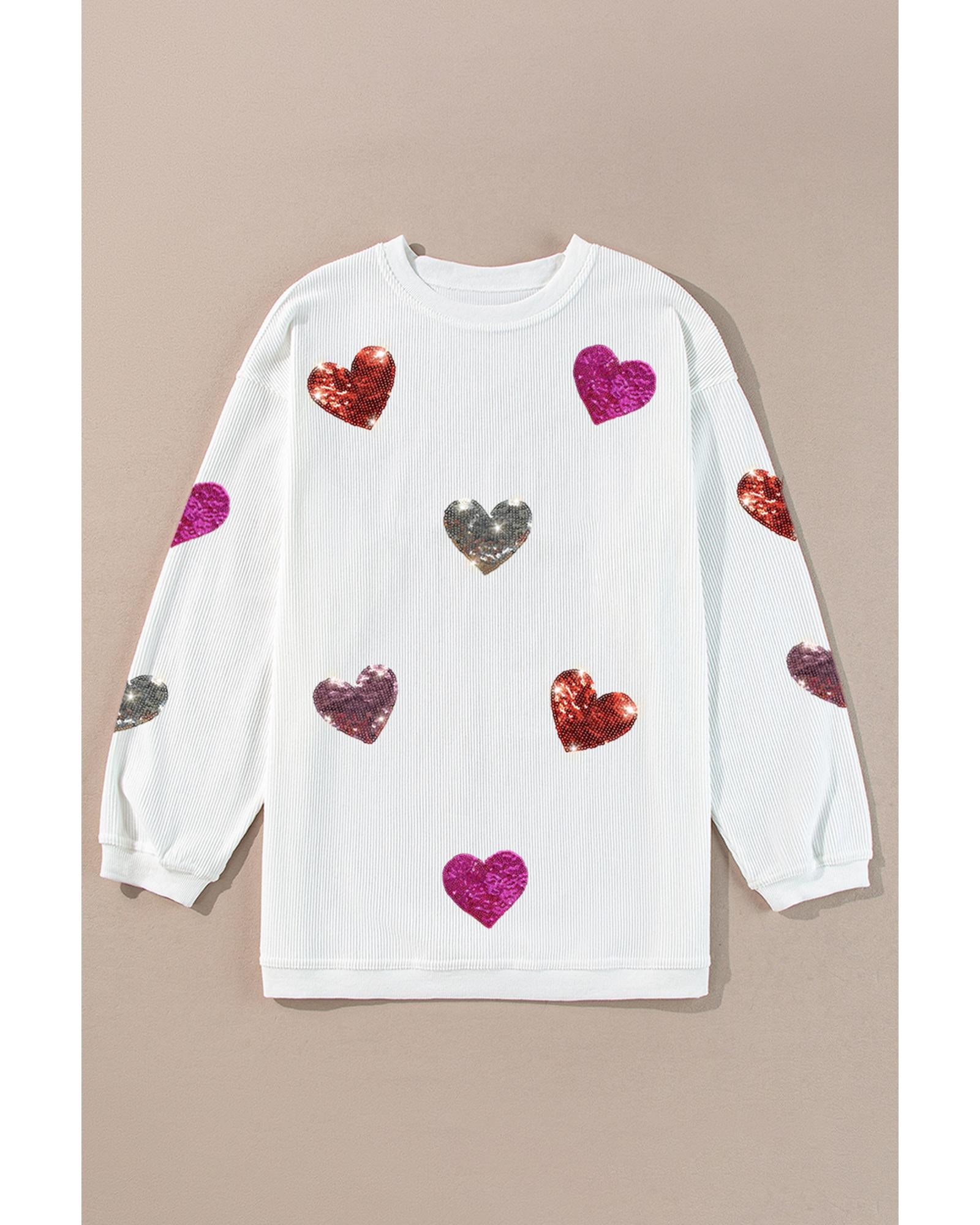 White Valentines Heart Patched Pattern Corded Pullover Sweatshirt - M 6