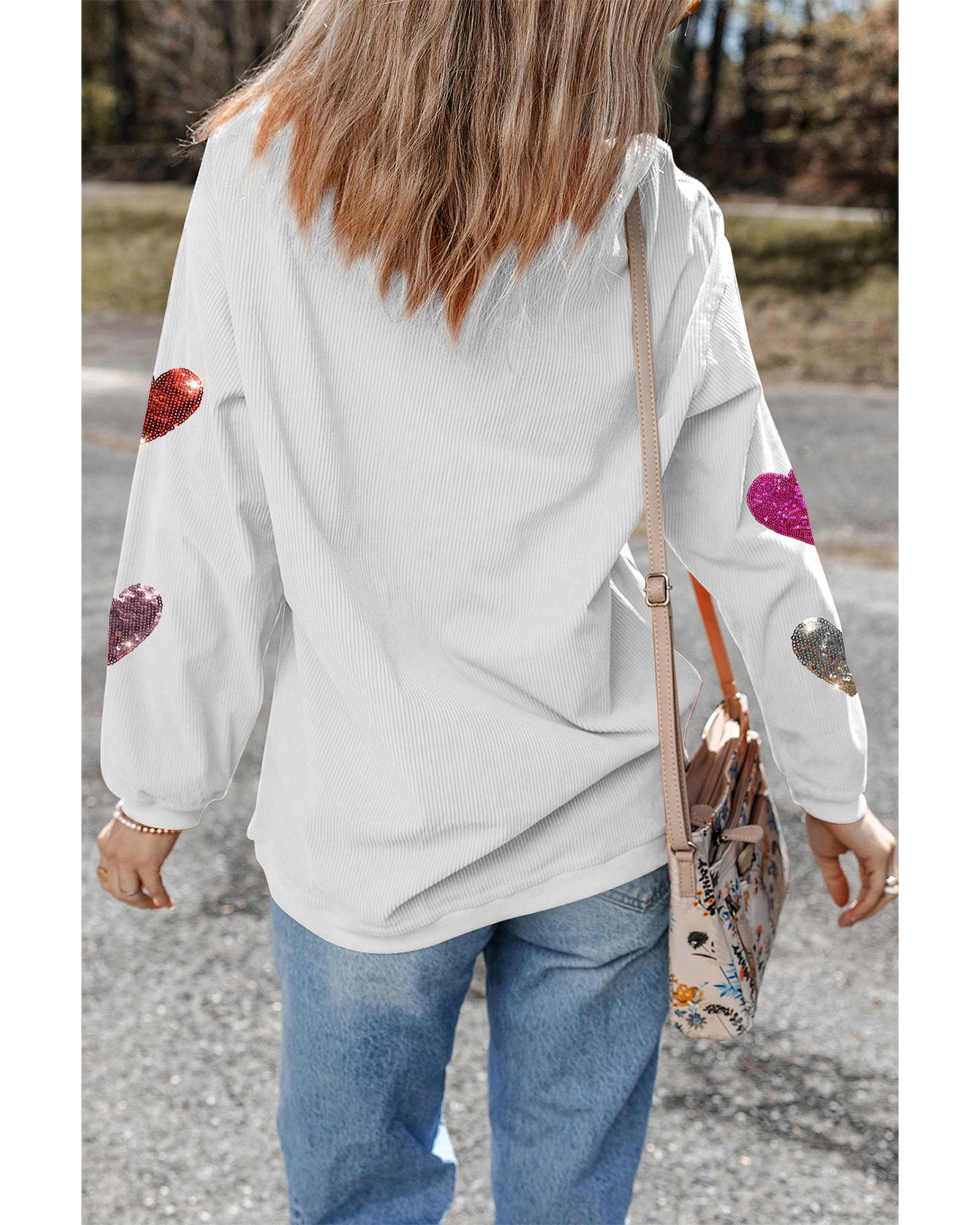 White Valentines Heart Patched Pattern Corded Pullover Sweatshirt - M 8