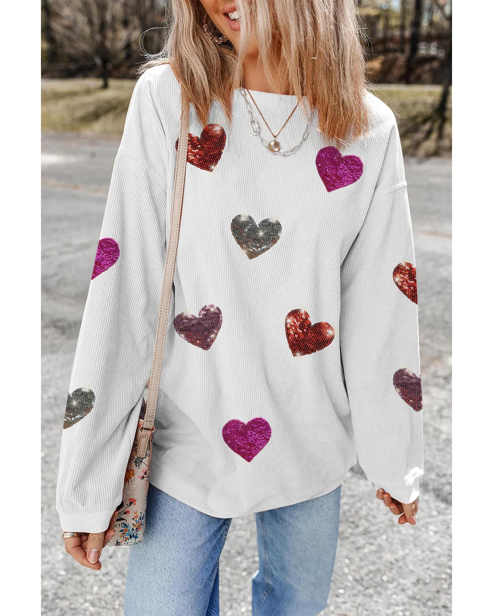 White Valentines Heart Patched Pattern Corded Pullover Sweatshirt - S 7