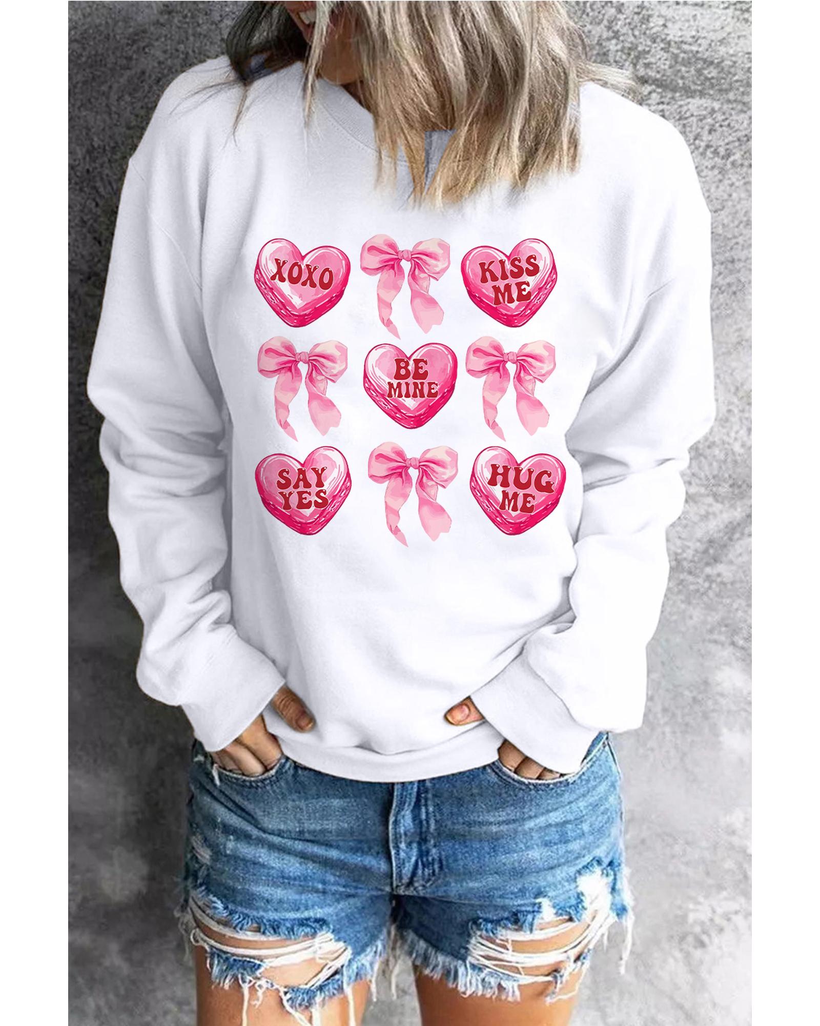 White Valentine Candy Heart & Bow Graphic Sweatshirt - S 3