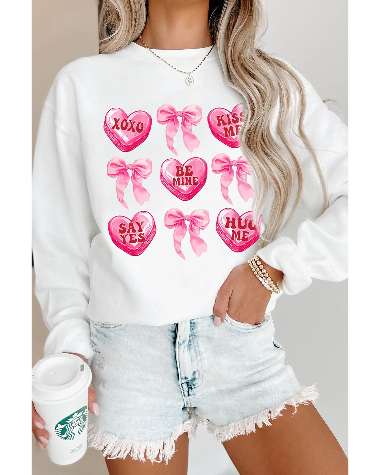 White Valentine Candy Heart & Bow Graphic Sweatshirt - S 6
