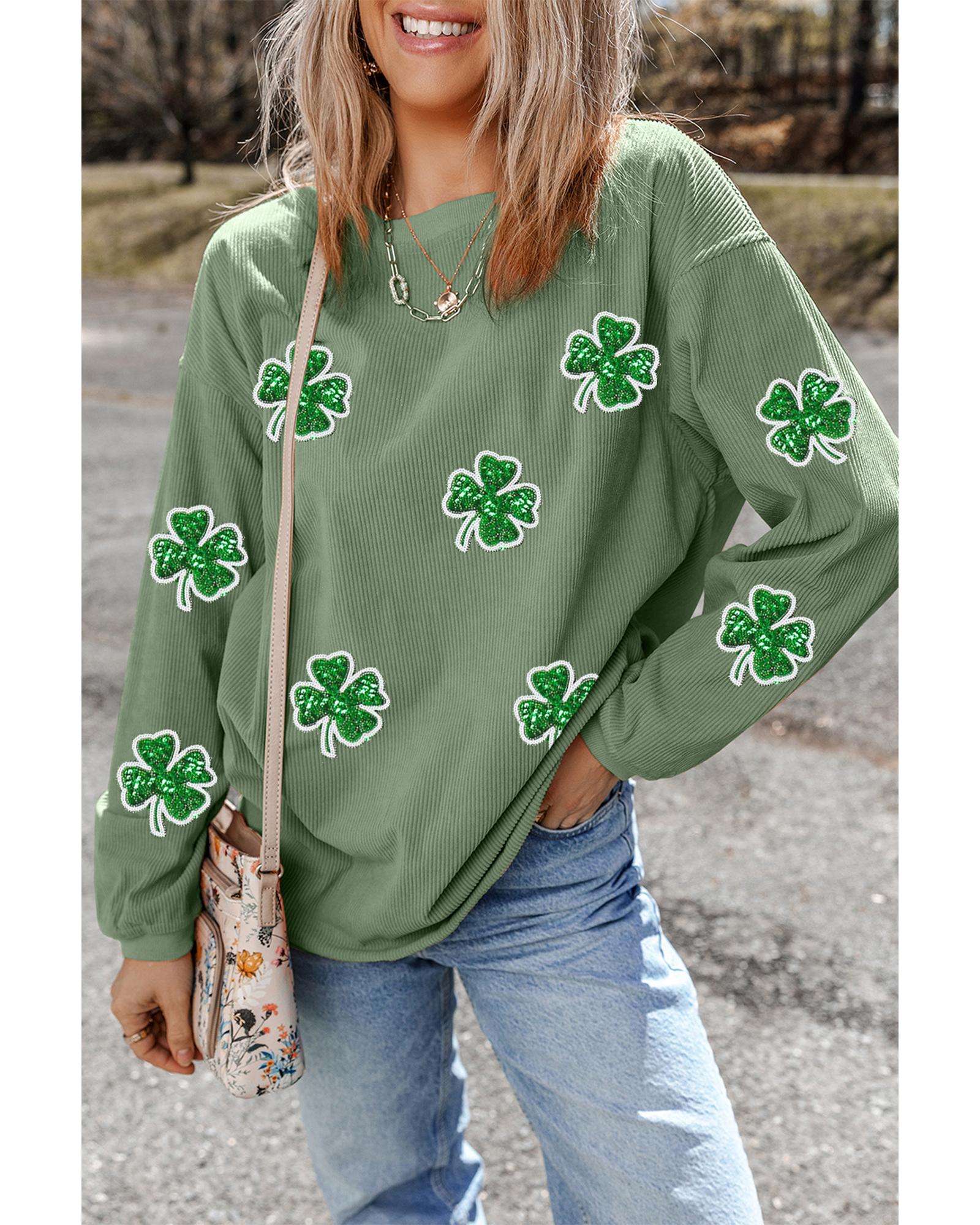 Grass Green Ribbed Four Leaf Clover Graphic St. Patricks Pullover Sweatshirt - S