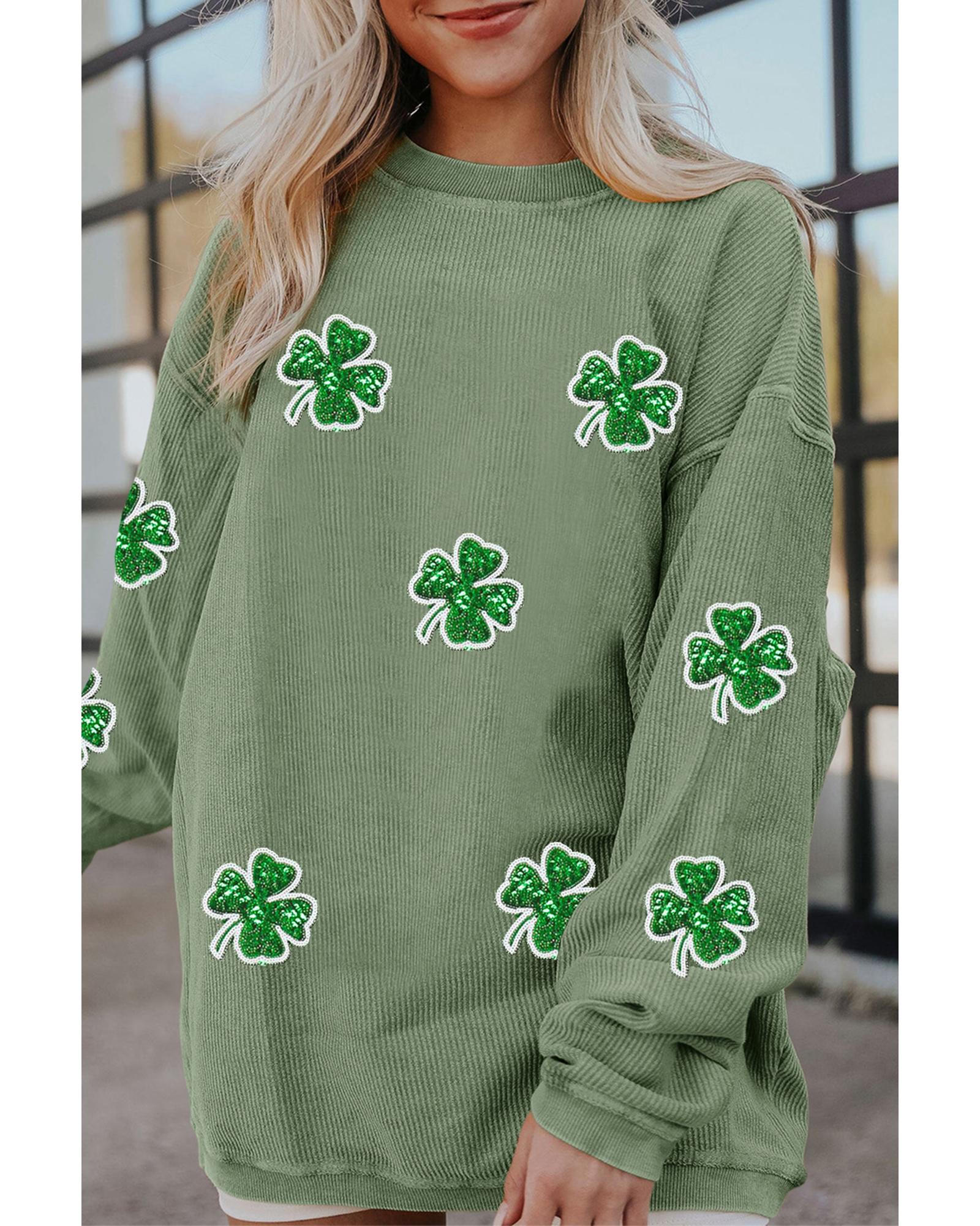 Grass Green Ribbed Four Leaf Clover Graphic St. Patricks Pullover Sweatshirt - S 3