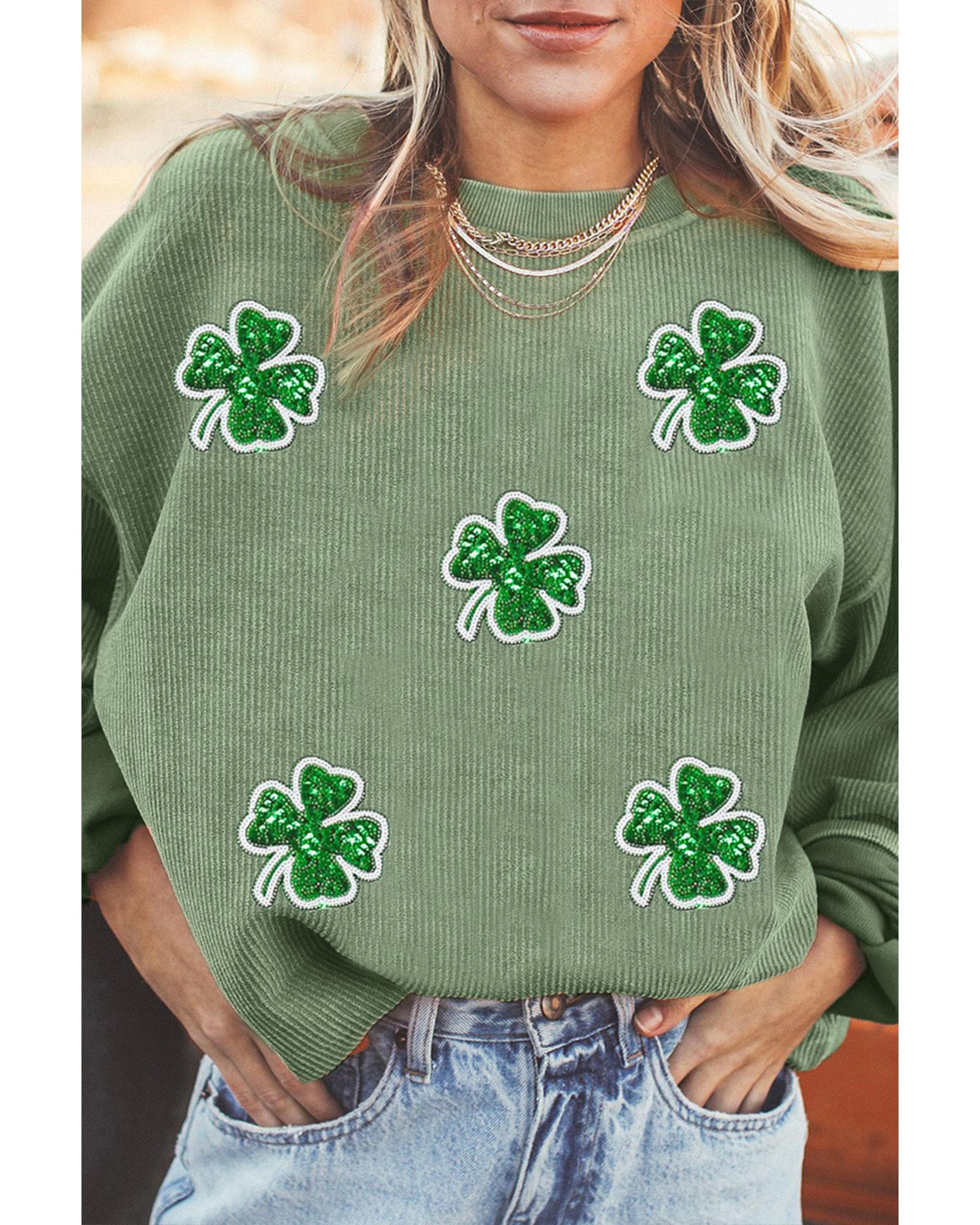 Grass Green Ribbed Four Leaf Clover Graphic St. Patricks Pullover Sweatshirt - S 4