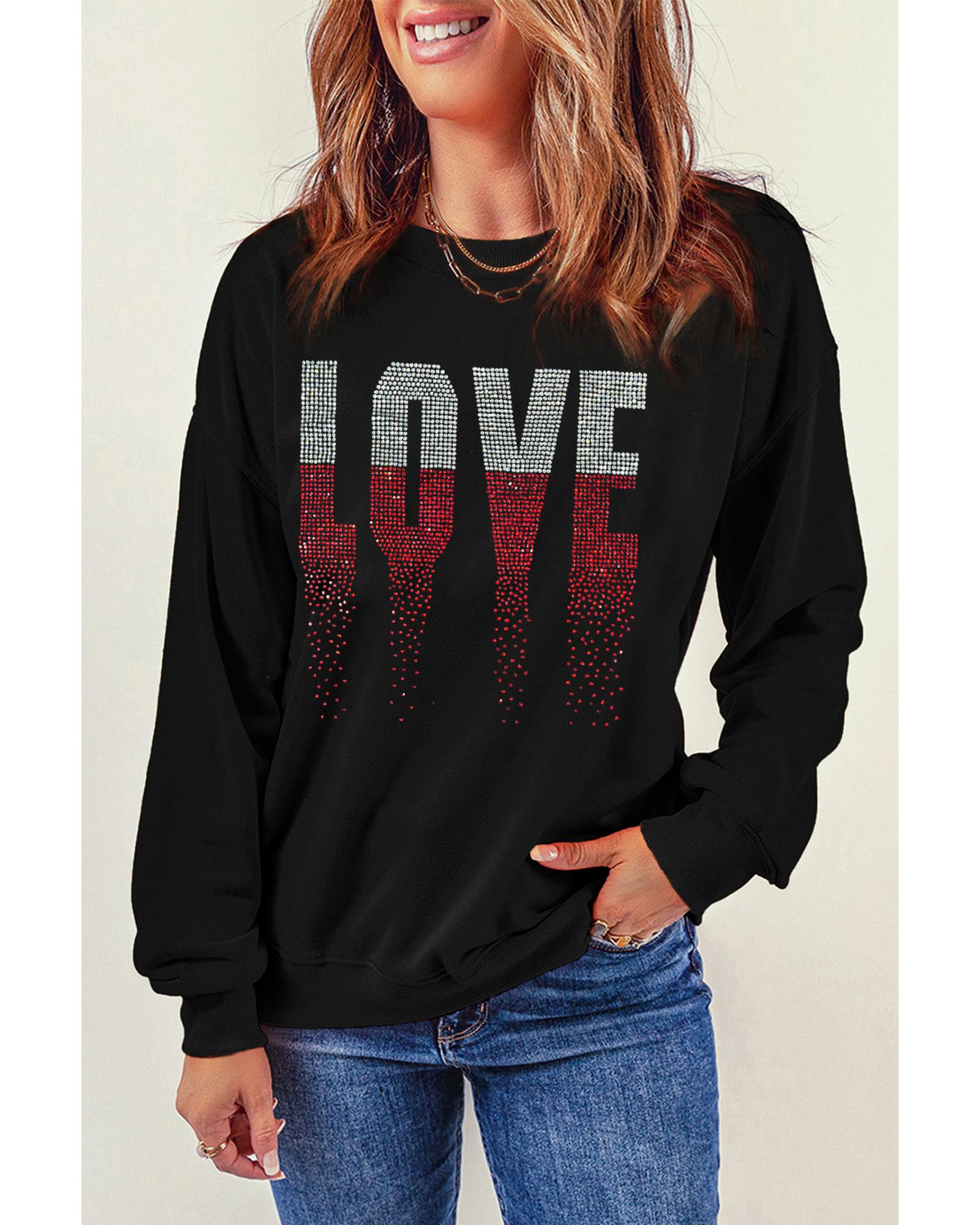 Black Rhinestone LOVE Graphic Crewneck Valentines Sweatshirt - L 6