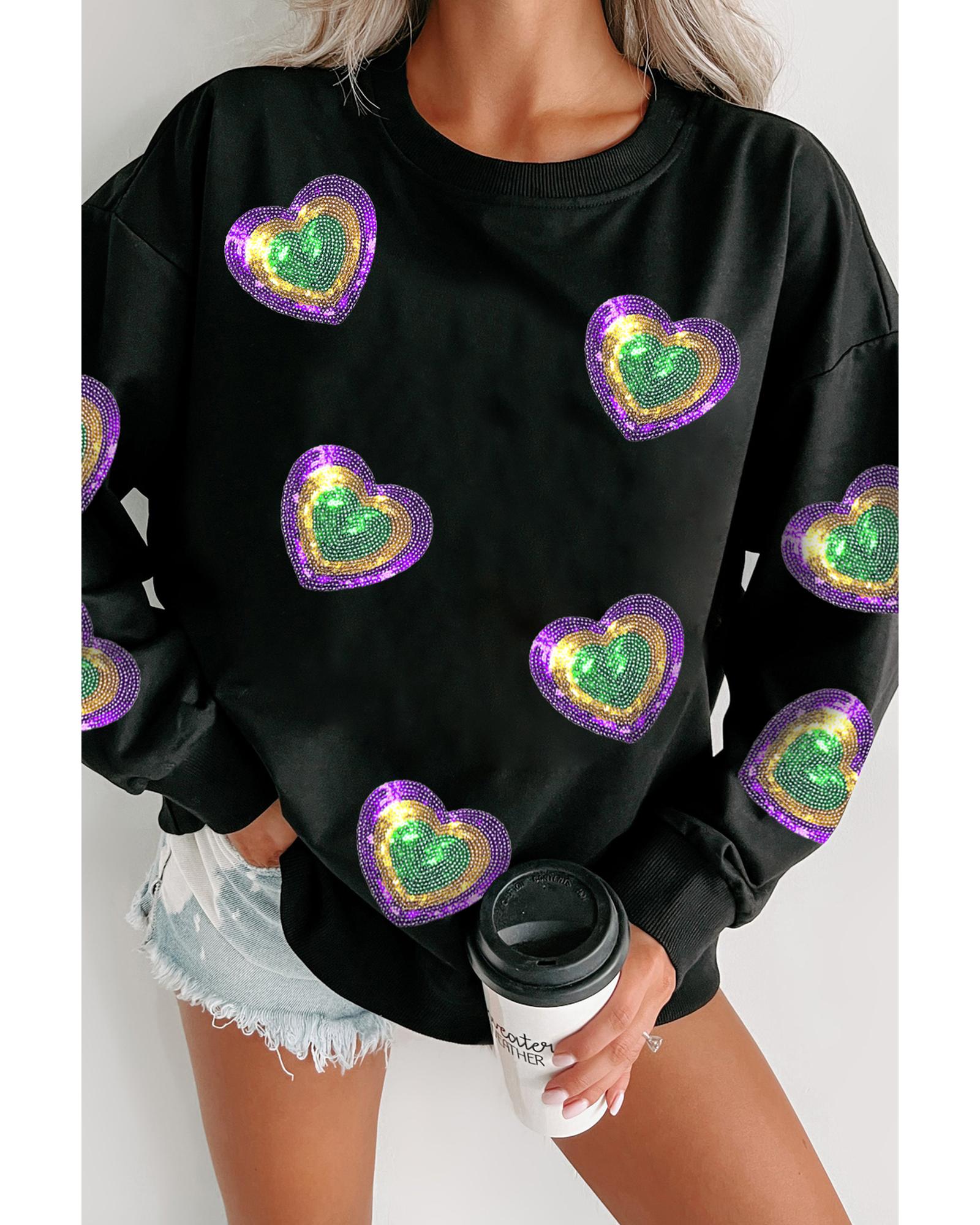 Black Mardi Gras Heart Print Crew Neck Sweatshirt - S